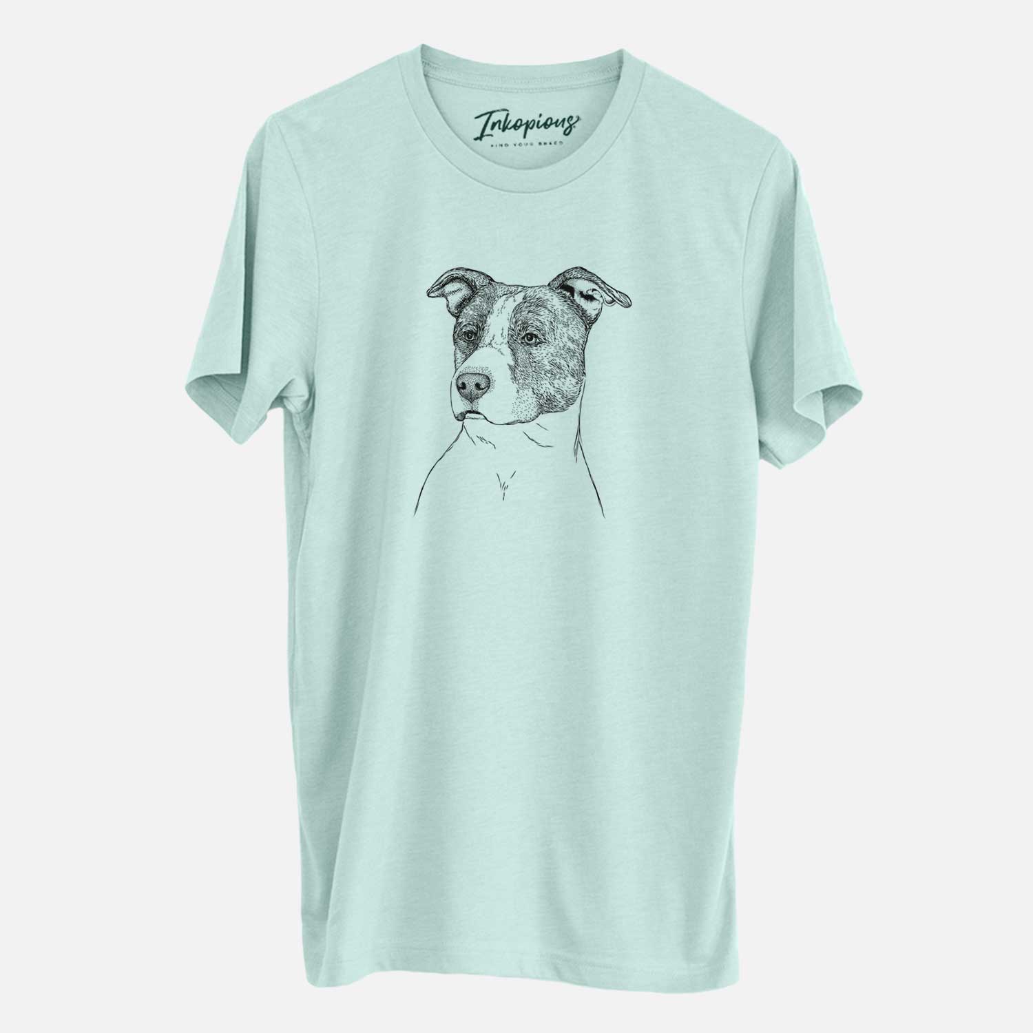 Hand-drawn sketch of Blu the Pitbull on a Heather Sage Unisex crewneck