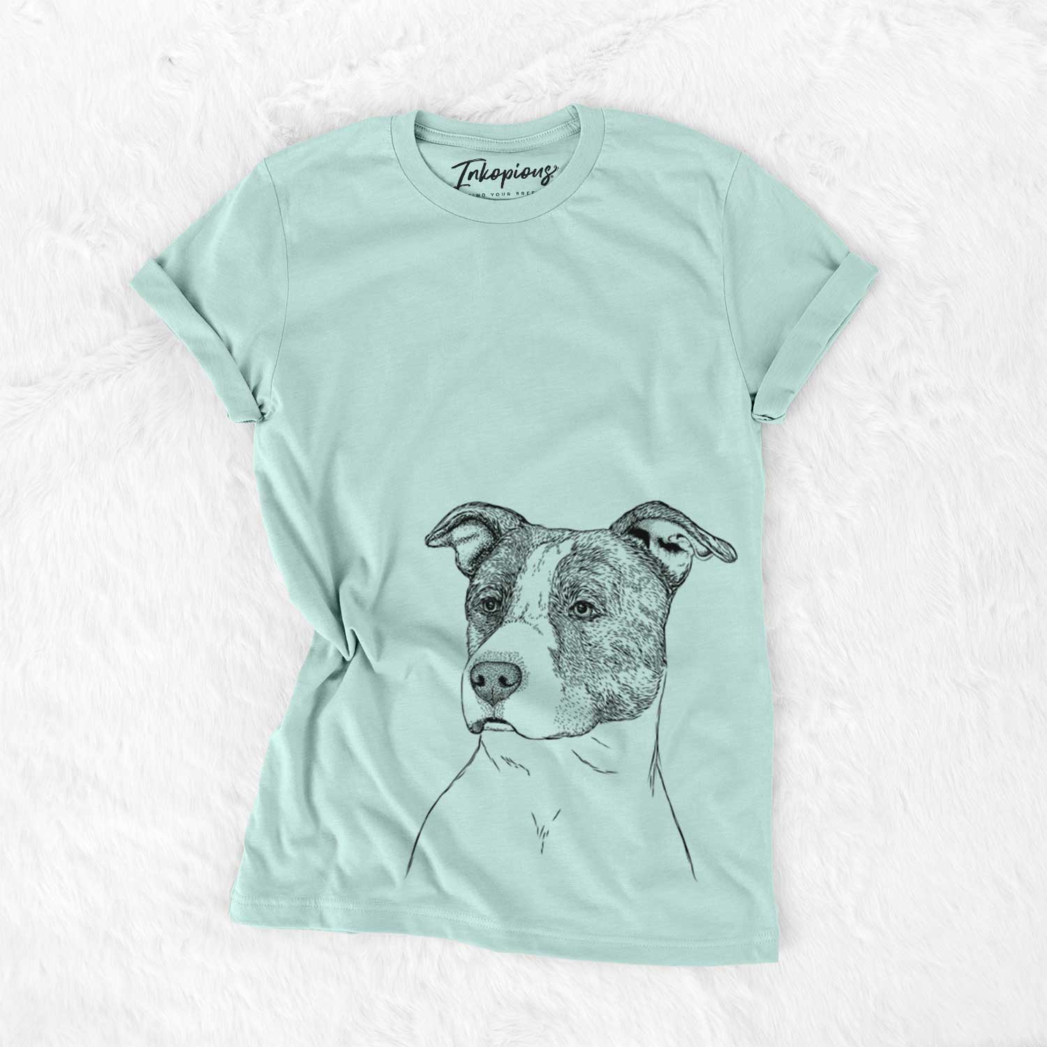 Hand-drawn sketch of Blu the Pitbull on a Heather Sage Unisex crewneck