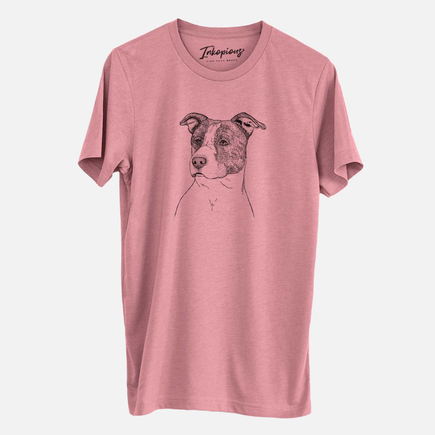 Hand-drawn sketch of Blu the Pitbull on a Mauve Unisex crewneck