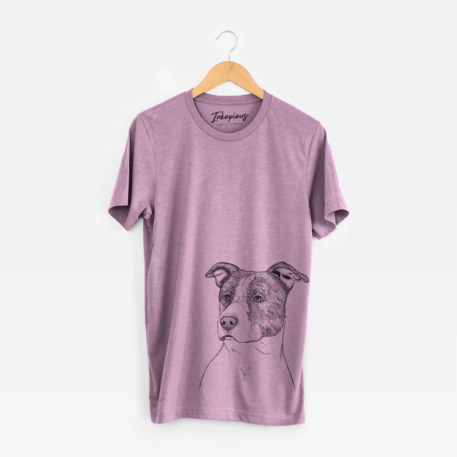 Hand-drawn sketch of Blu the Pitbull on an Orchid Unisex crewneck