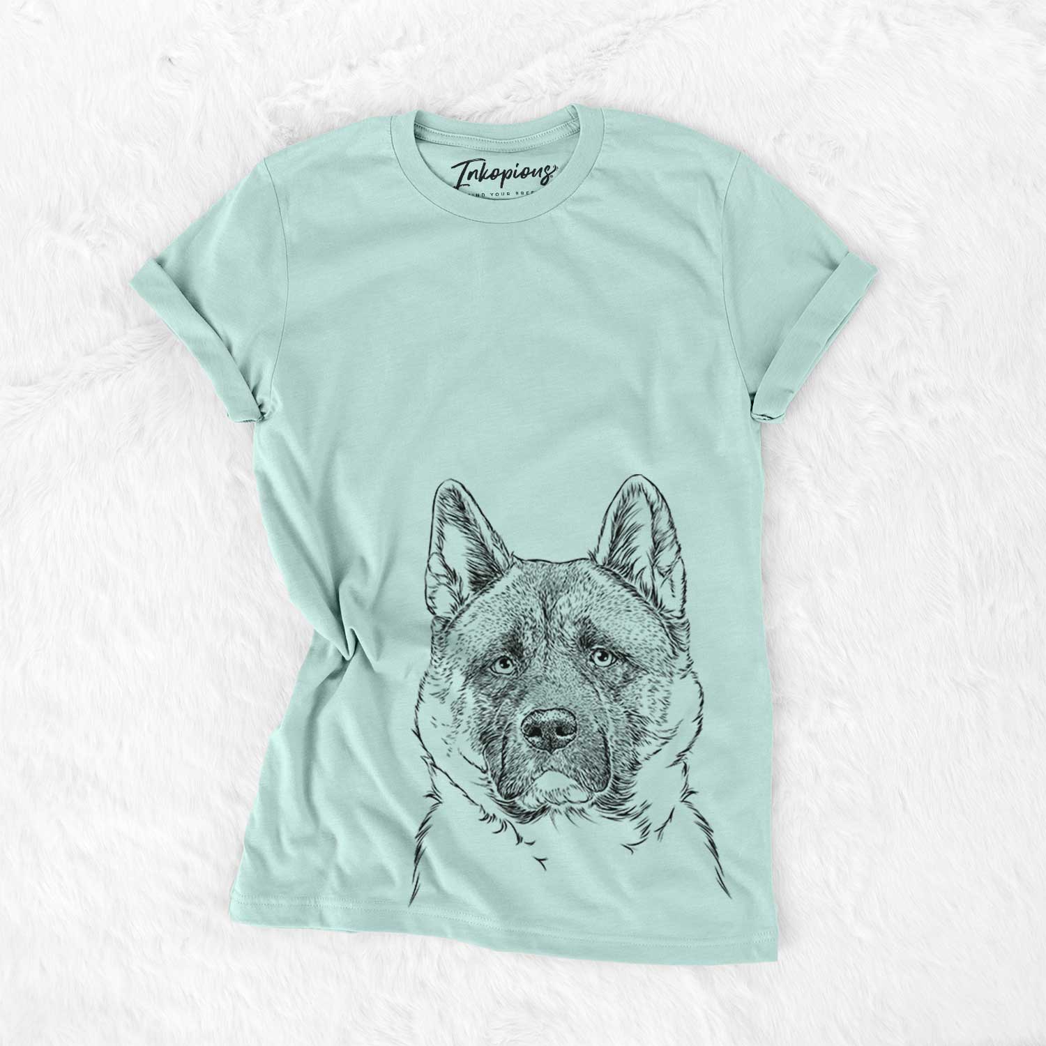 Hand-drawn sketch of Bo the American Akita on a Heather Sage Bella Canvas Unisex Crewneck