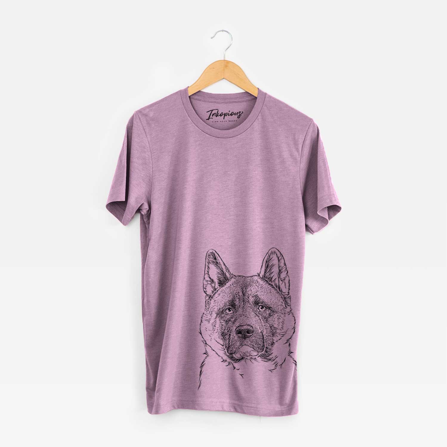 Hand-drawn sketch of Bo the American Akita on an Orchid Bella Canvas Unisex Crewneck