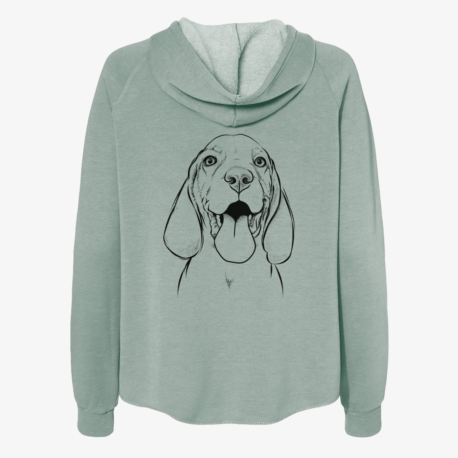 Hand-drawn sketch of Bodi the Vizsla on a Sage Women's cali wave zip-up sweatshirt