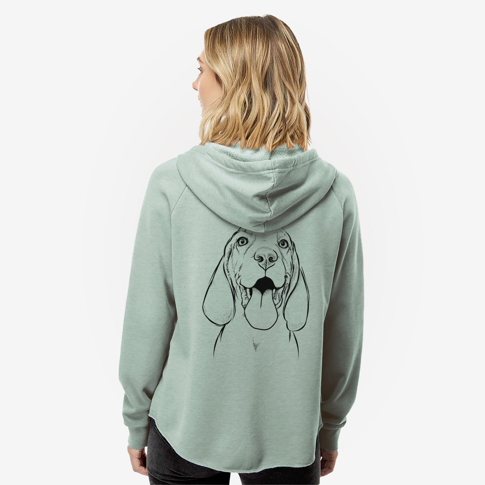 Hand-drawn sketch of Bodi the Vizsla on a Sage Women's cali wave zip-up sweatshirt