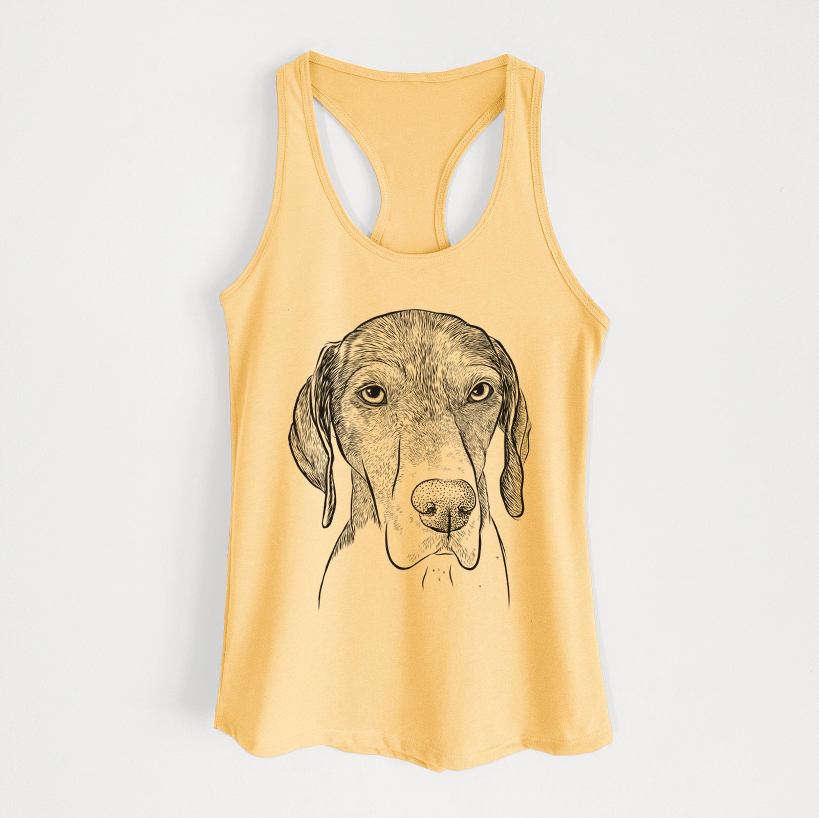 Hand-drawn sketch of Bohdi the German Shorthaired Pointer on a Banana Cream Women's racerback tanktop
