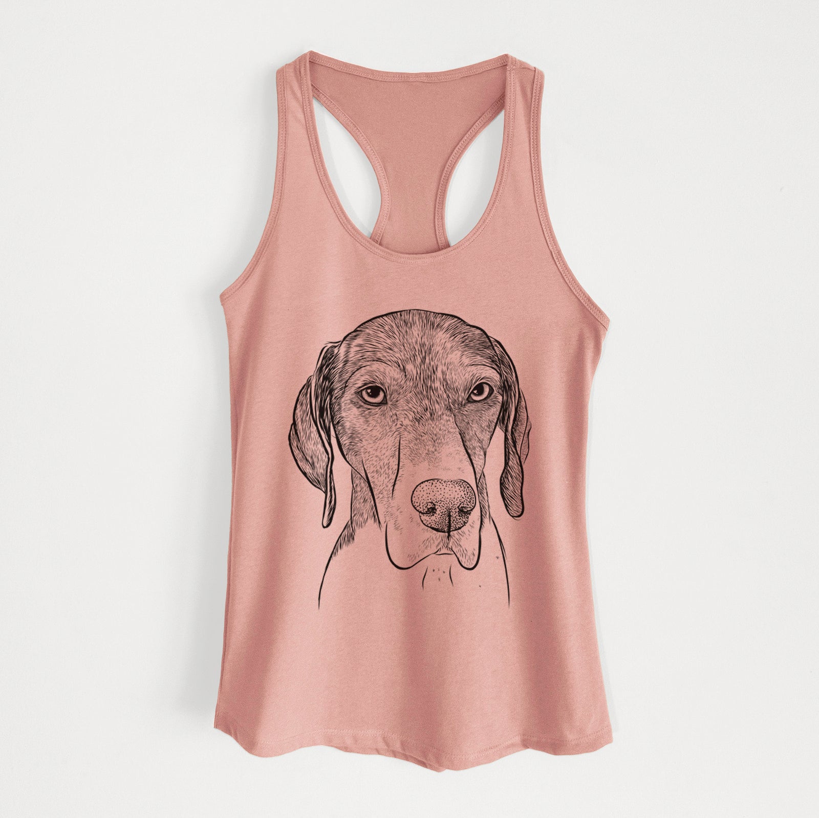 Hand-drawn sketch of Bohdi the German Shorthaired Pointer on a Desert Pink Women's racerback tanktop