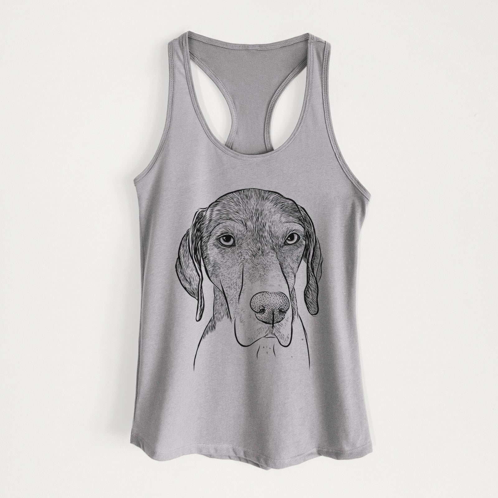 Hand-drawn sketch of Bohdi the German Shorthaired Pointer on a Heather Grey Women's racerback tanktop