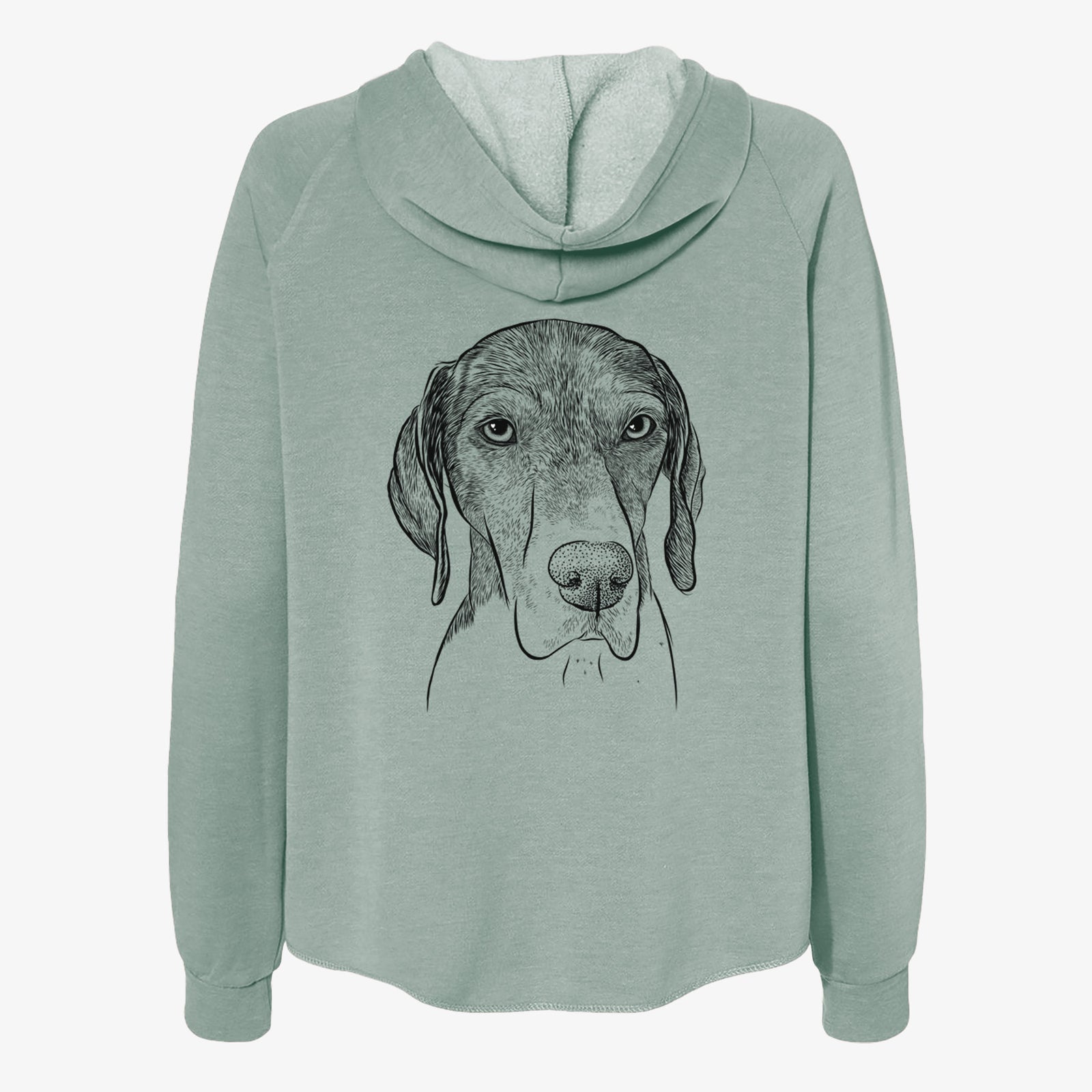 Hand-drawn sketch of Bohdi the German Shorthaired Pointer on a Sage Women's cali wave zip-up sweatshirt