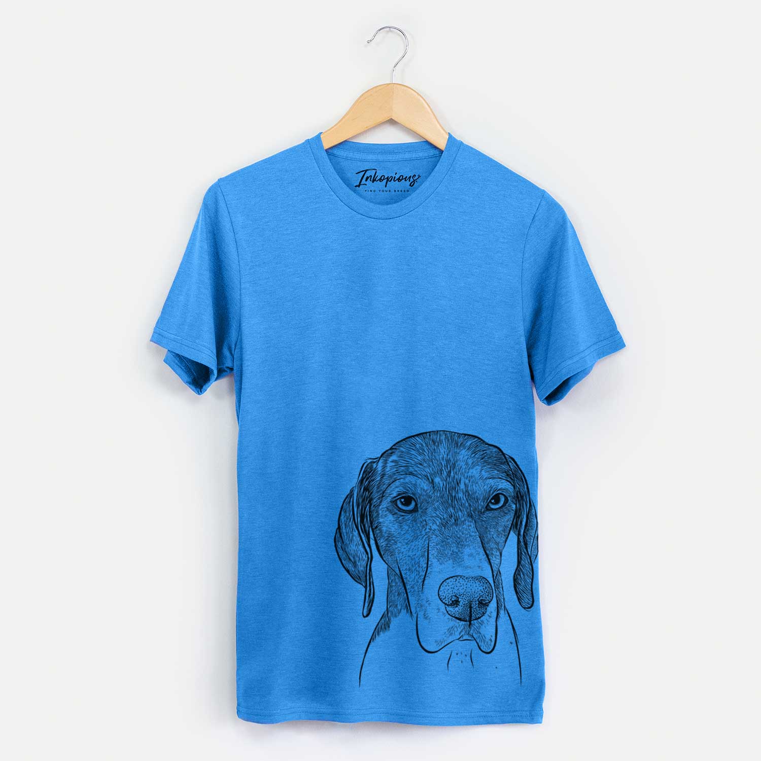 Hand-drawn sketch of Bohdi the German Shorthaired Pointer on a Blue Unisex crewneck