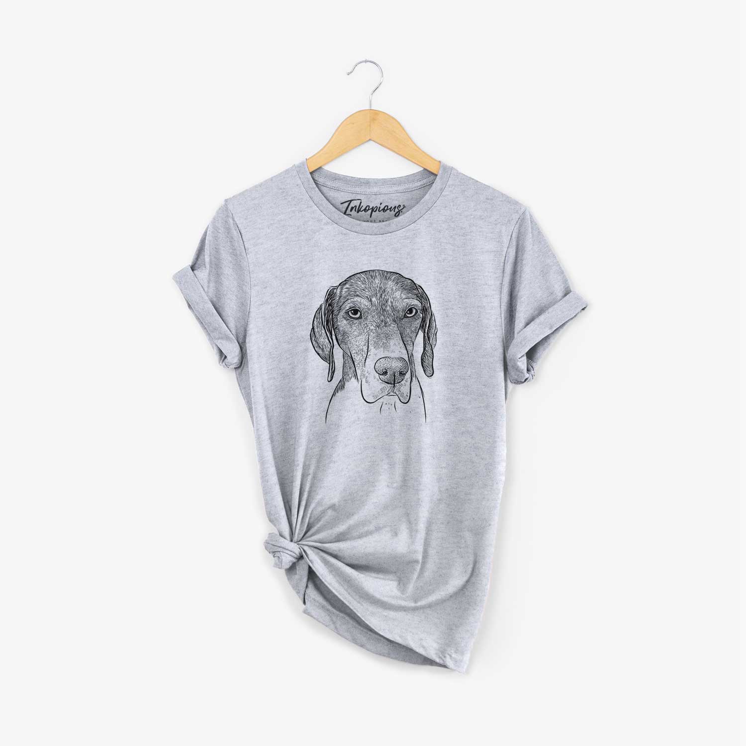 Hand-drawn sketch of Bohdi the German Shorthaired Pointer on a Grey Unisex crewneck