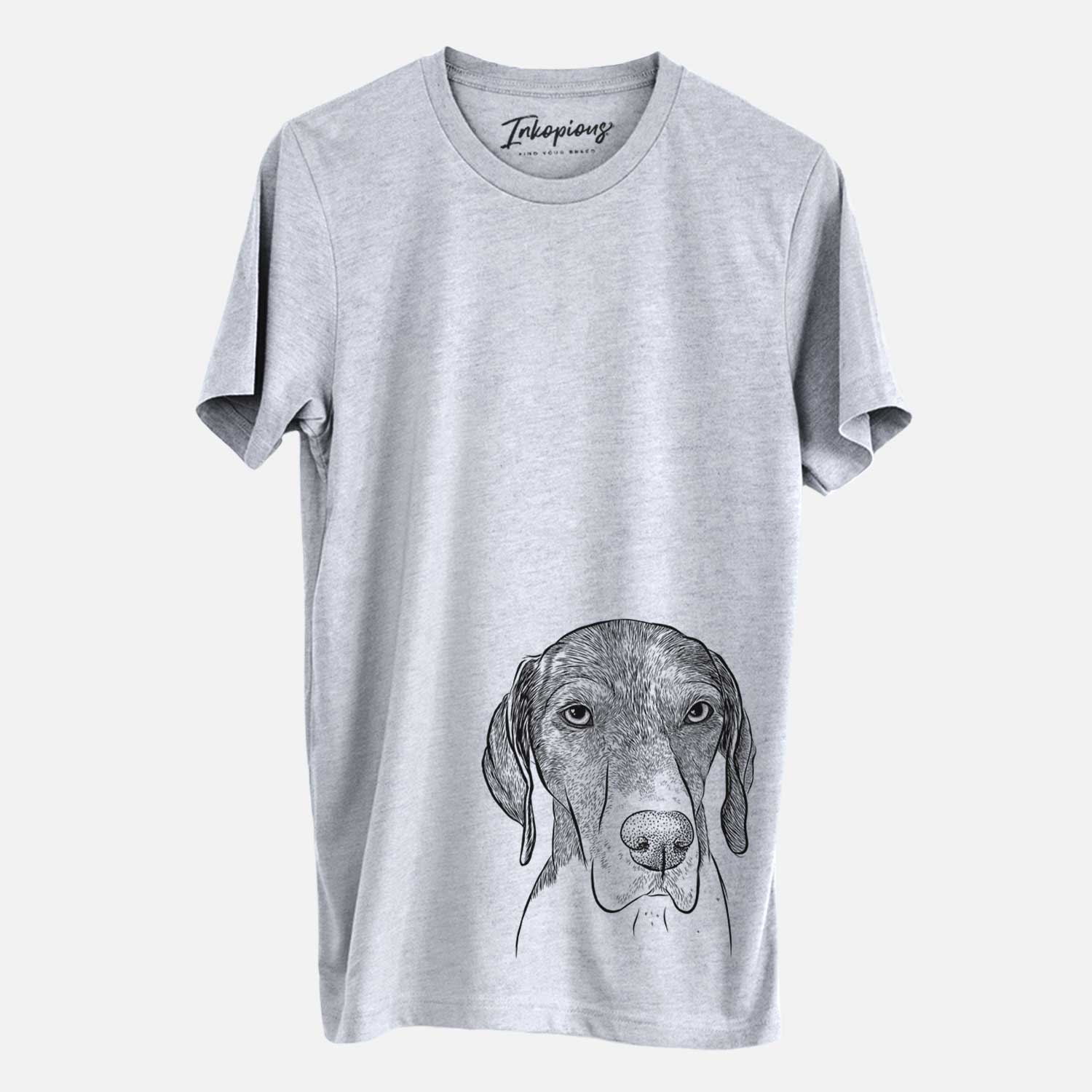 Hand-drawn sketch of Bohdi the German Shorthaired Pointer on a Grey Unisex crewneck