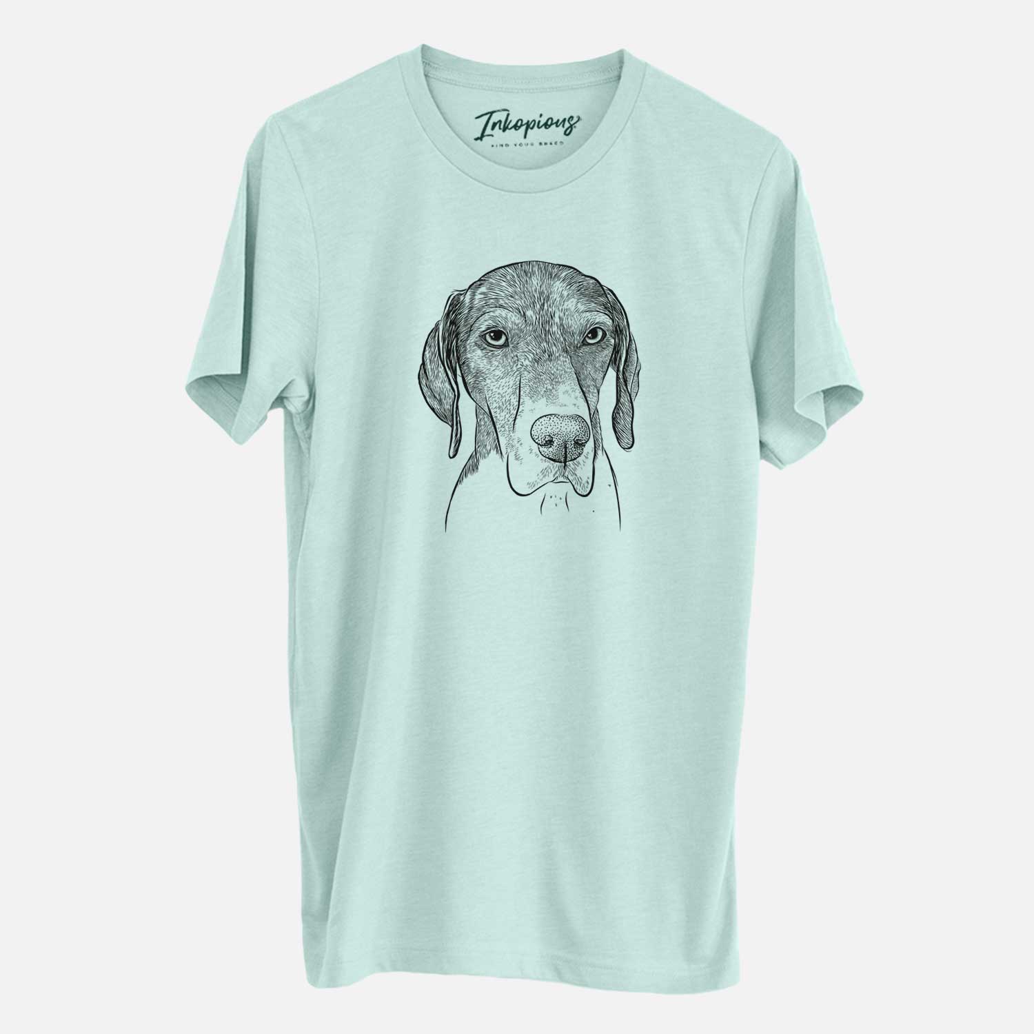 Hand-drawn sketch of Bohdi the German Shorthaired Pointer on a Heather Sage Unisex crewneck
