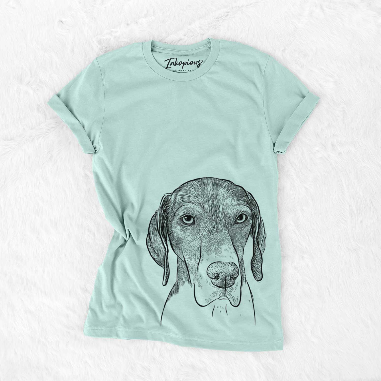 Hand-drawn sketch of Bohdi the German Shorthaired Pointer on a Heather Sage Bella Canvas Unisex Crewneck