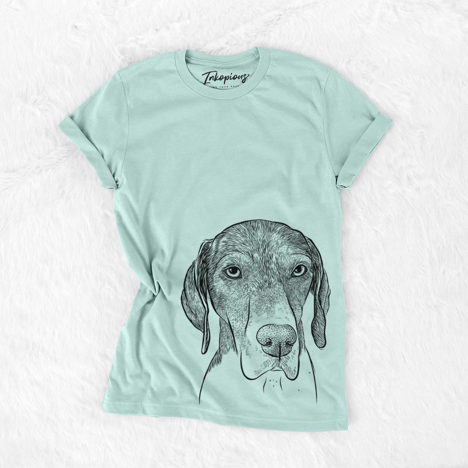 Hand-drawn sketch of Bohdi the German Shorthaired Pointer on a Heather Sage Unisex crewneck