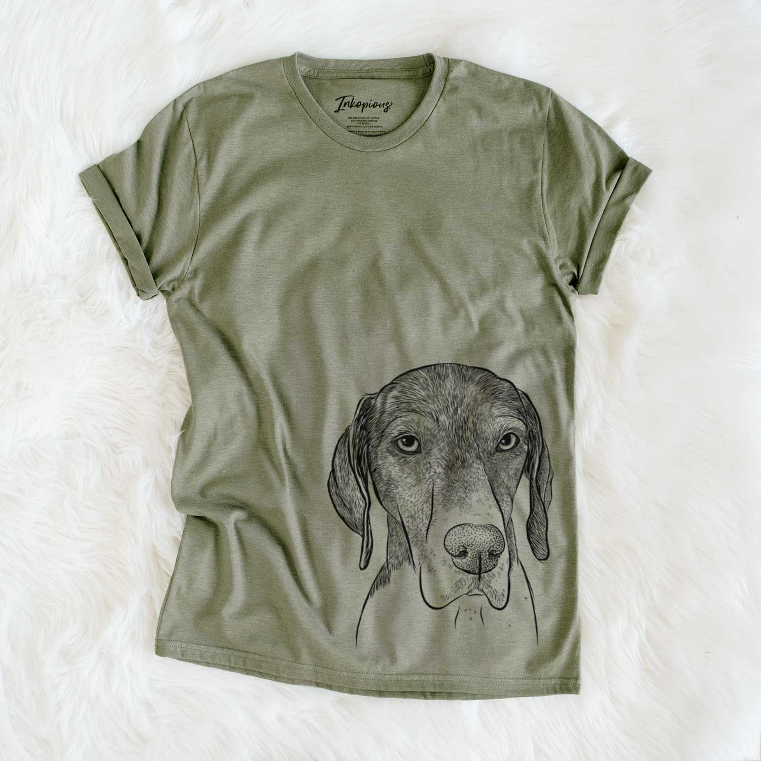 Hand-drawn sketch of Bohdi the German Shorthaired Pointer on an Olive Unisex crewneck