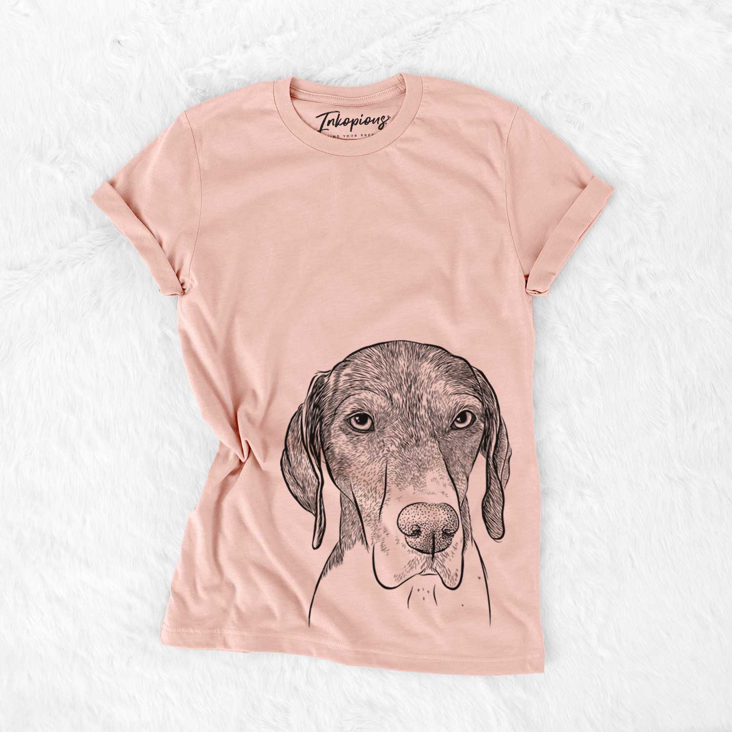 Hand-drawn sketch of Bohdi the German Shorthaired Pointer on a Peach Bella Canvas Unisex Crewneck