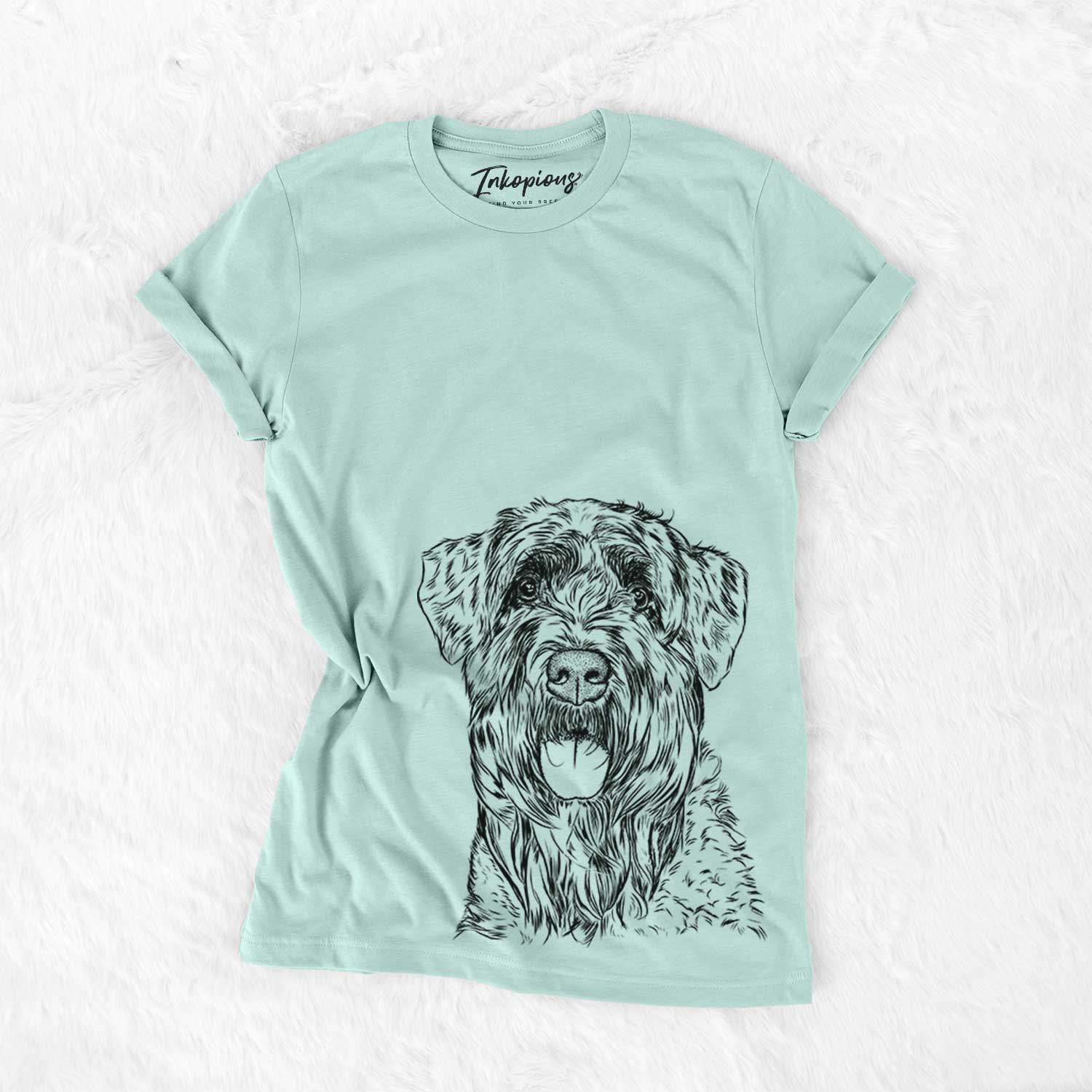 Hand-drawn sketch of Bonnie the Bouvier Des Flandres on a Heather Sage Bella Canvas Unisex Crewneck