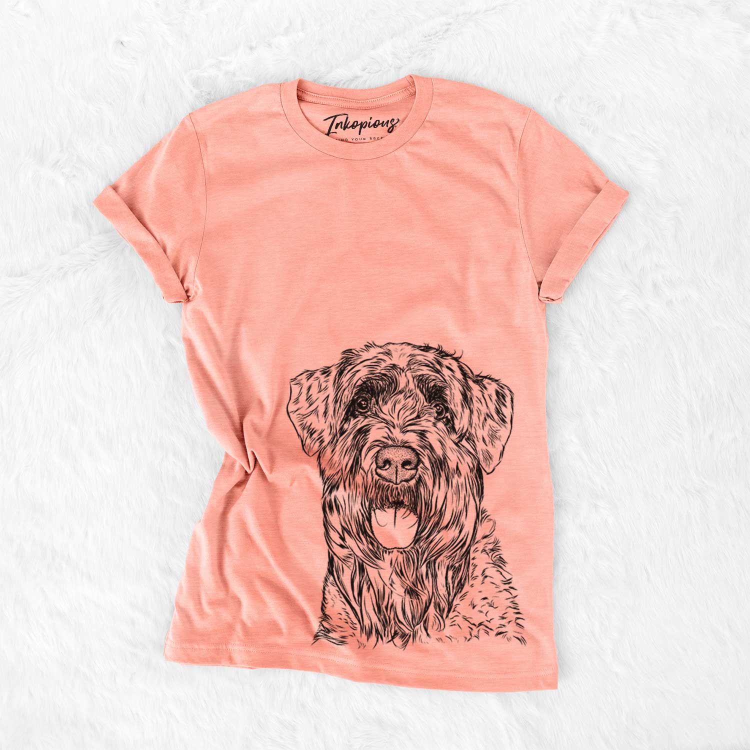 Hand-drawn sketch of Bonnie the Bouvier Des Flandres on a Sunset Bella Canvas Unisex Crewneck