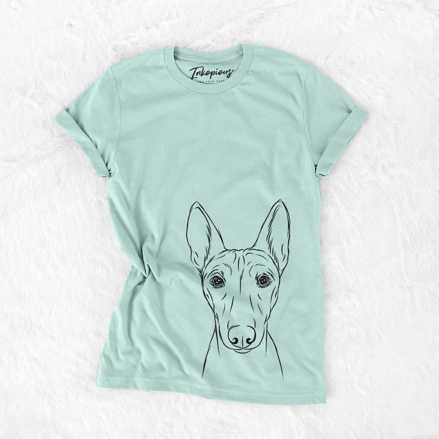 Hand-drawn sketch of Bonsai the Basenji on a Heather Sage Bella Canvas Unisex Crewneck