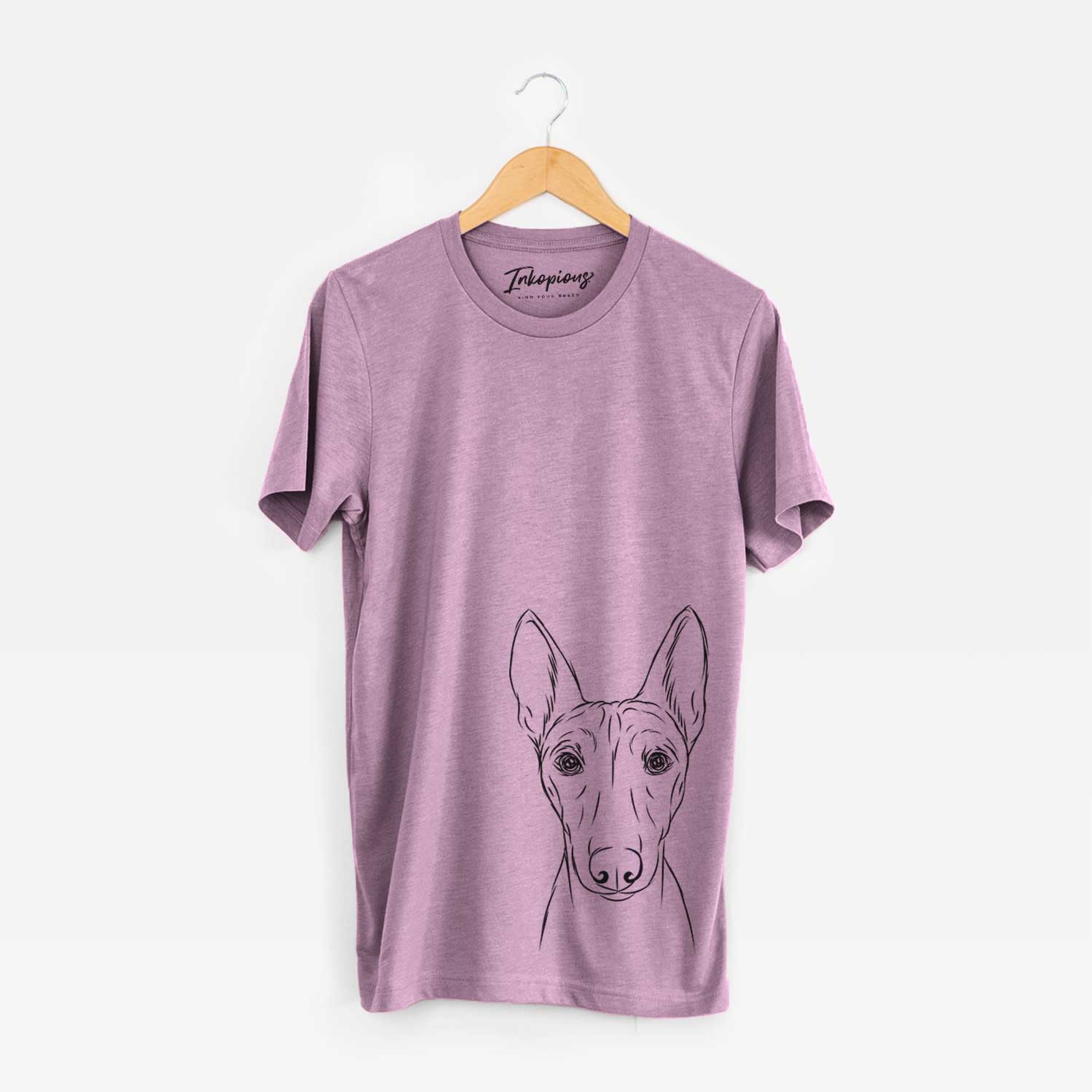 Hand-drawn sketch of Bonsai the Basenji on an Orchid Bella Canvas Unisex Crewneck