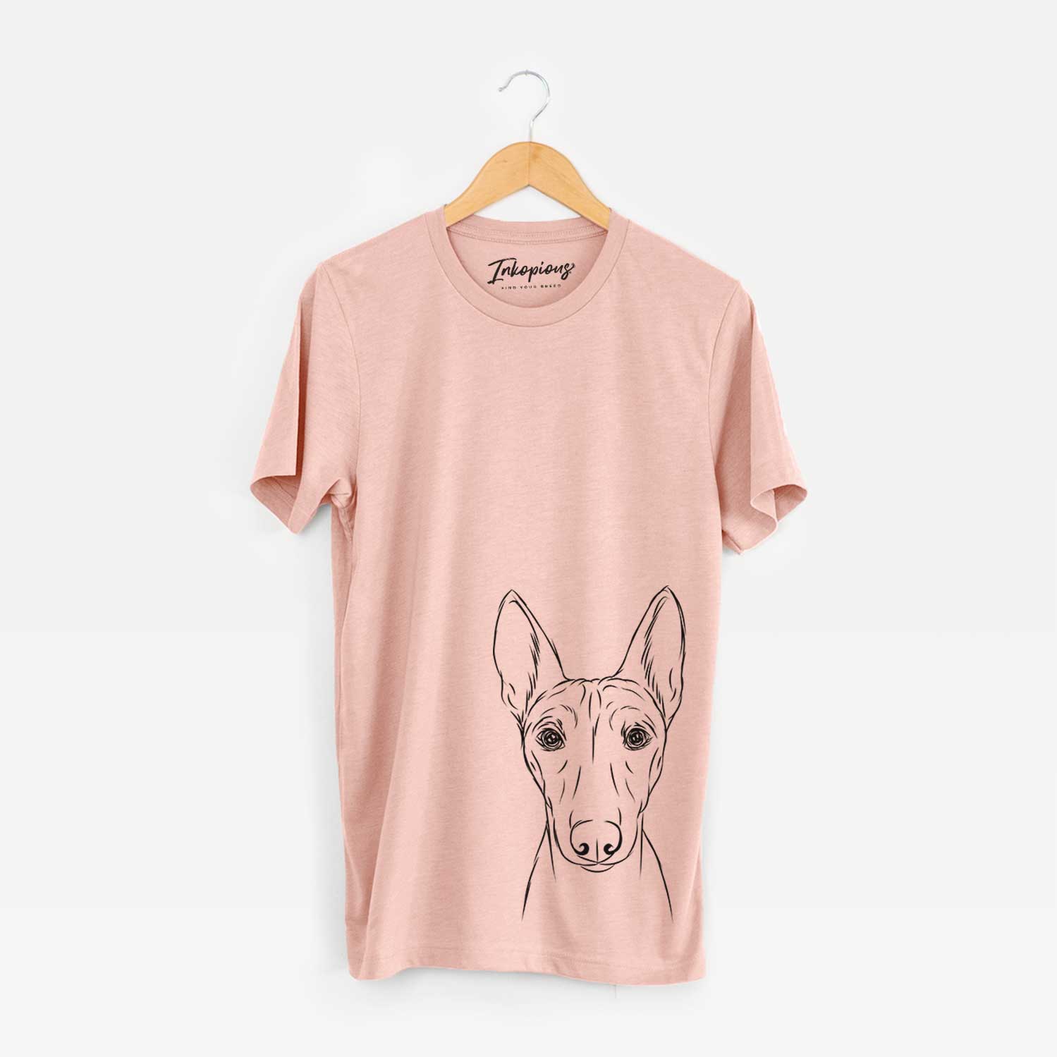 Hand-drawn sketch of Bonsai the Basenji on a Peach Bella Canvas Unisex Crewneck