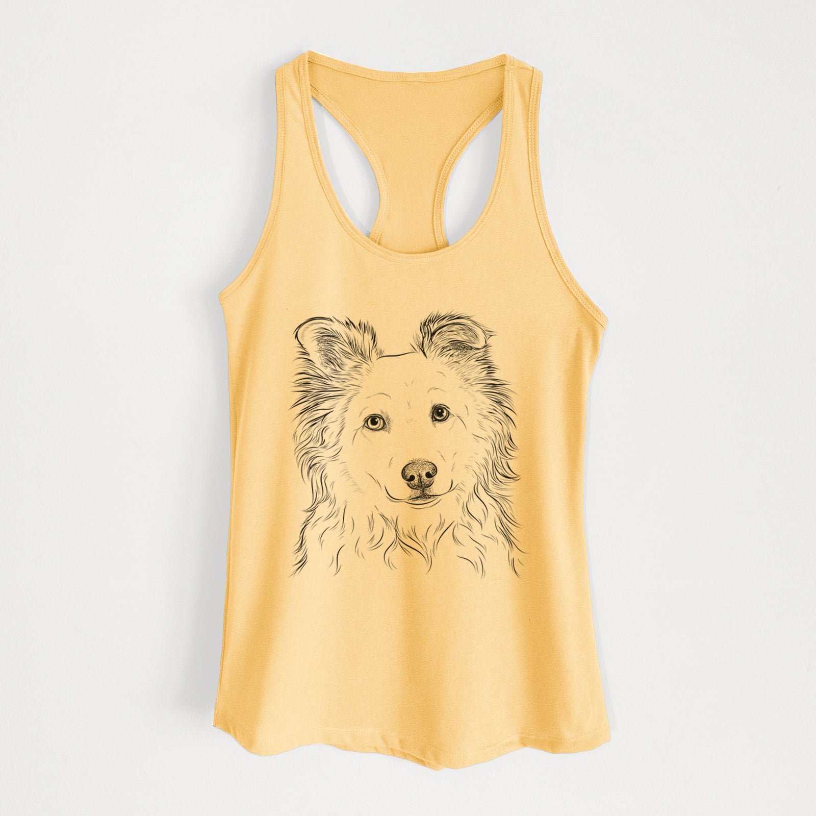Hand-drawn sketch of Bonsai the Mixed Breed on a Banana Cream Women's racerback tanktop