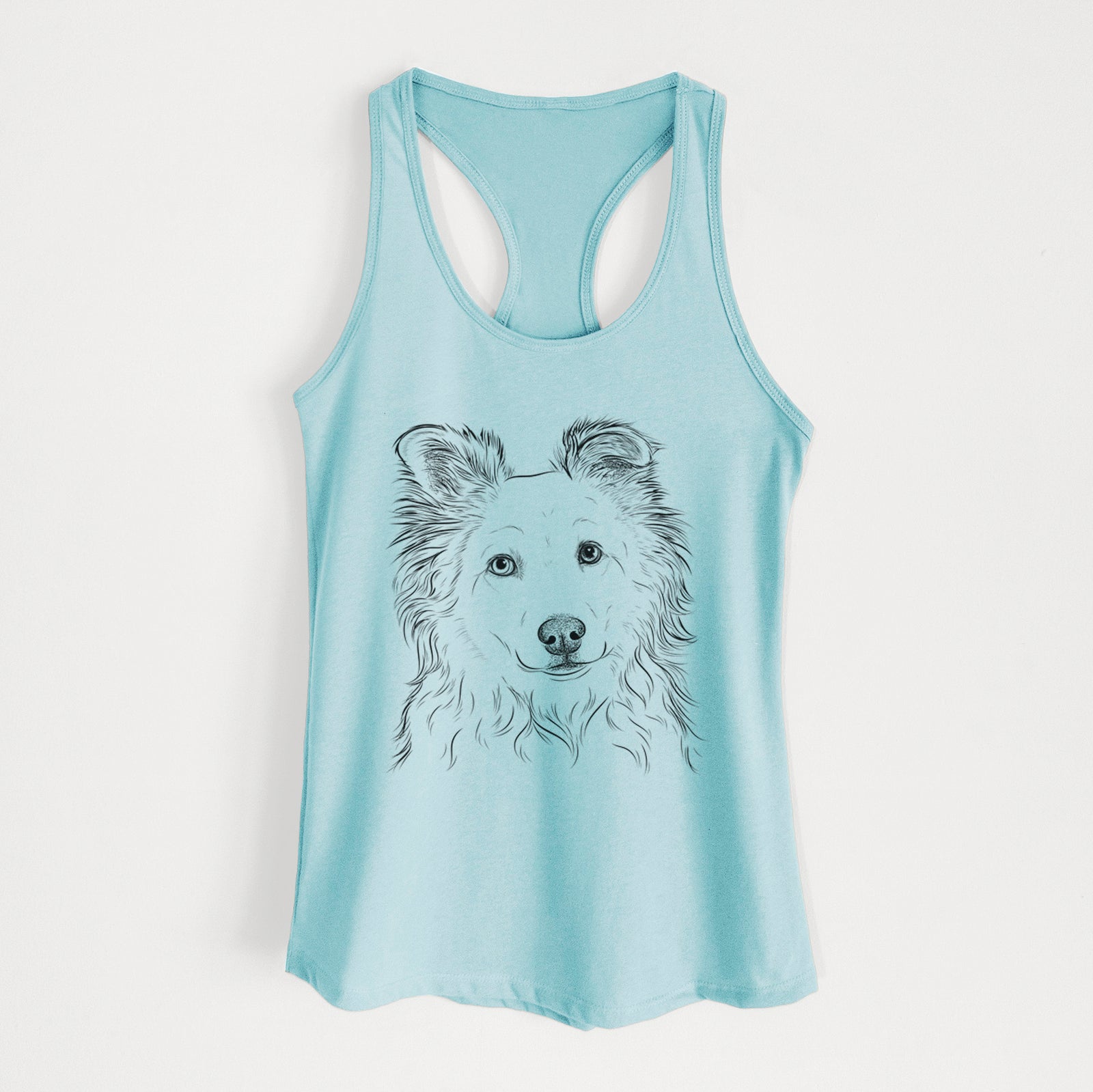 Hand-drawn sketch of Bonsai the Mixed Breed on a Cancun Blue Women's racerback tanktop