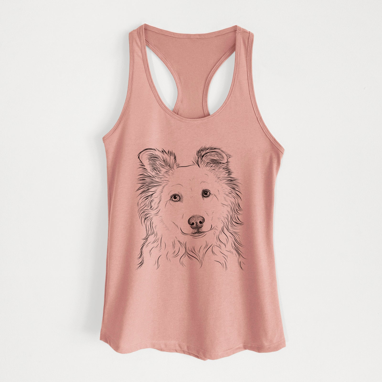 Hand-drawn sketch of Bonsai the Mixed Breed on a Desert Pink Women's racerback tanktop