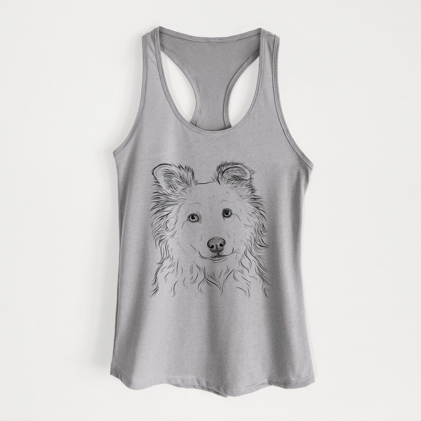 Hand-drawn sketch of Bonsai the Mixed Breed on a Heather Grey Women's racerback tanktop