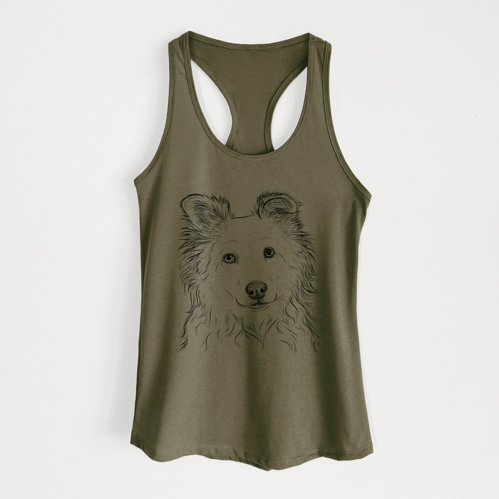Hand-drawn sketch of Bonsai the Mixed Breed on a Military Green Women's racerback tanktop