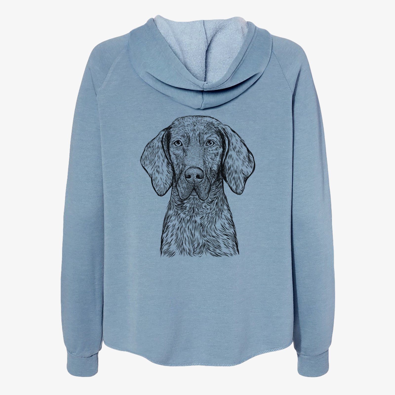 Hand-drawn sketch of Boone the Plott Hound on a Misty Blue Women's cali wave zip-up sweatshirt