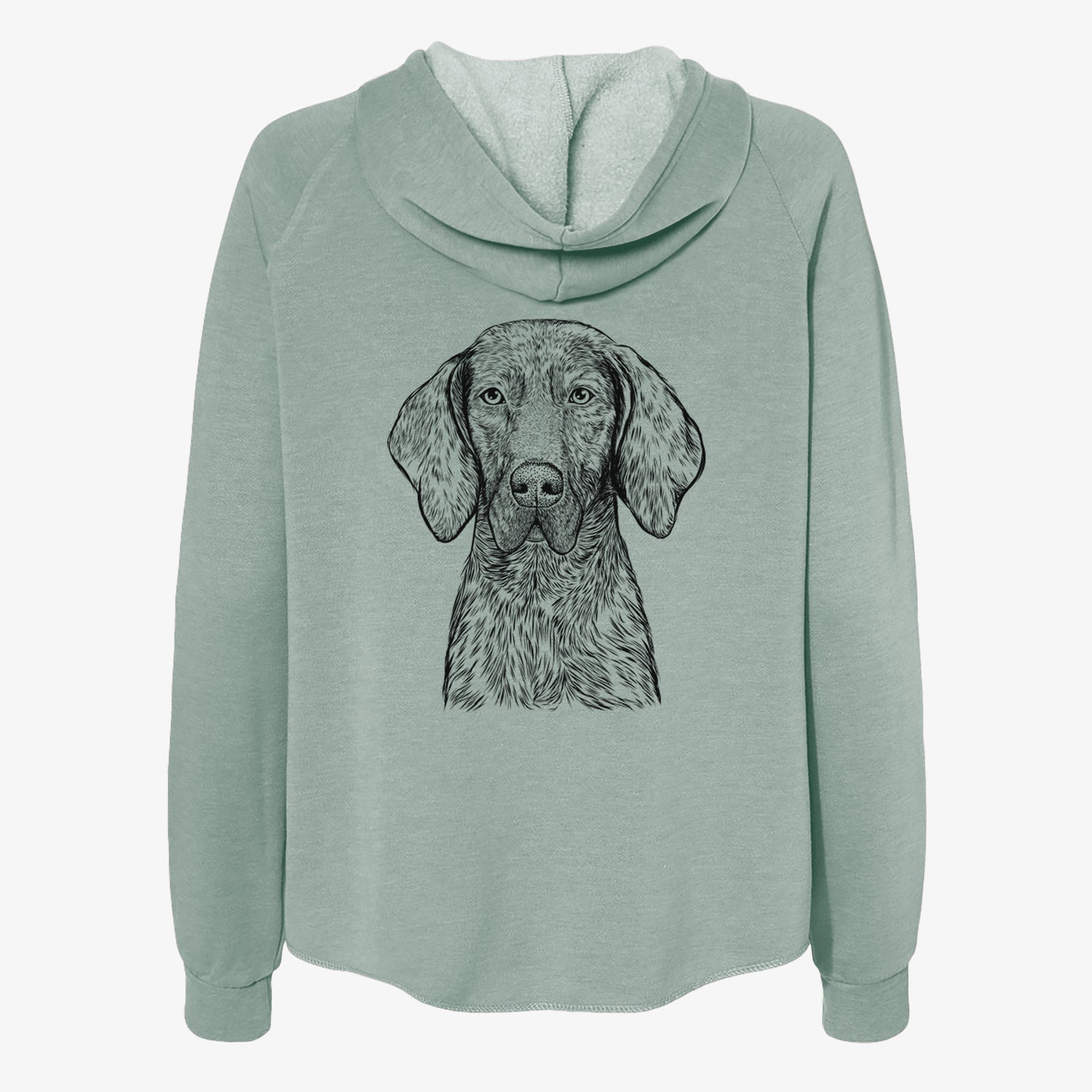 Hand-drawn sketch of Boone the Plott Hound on a Sage Women's cali wave zip-up sweatshirt
