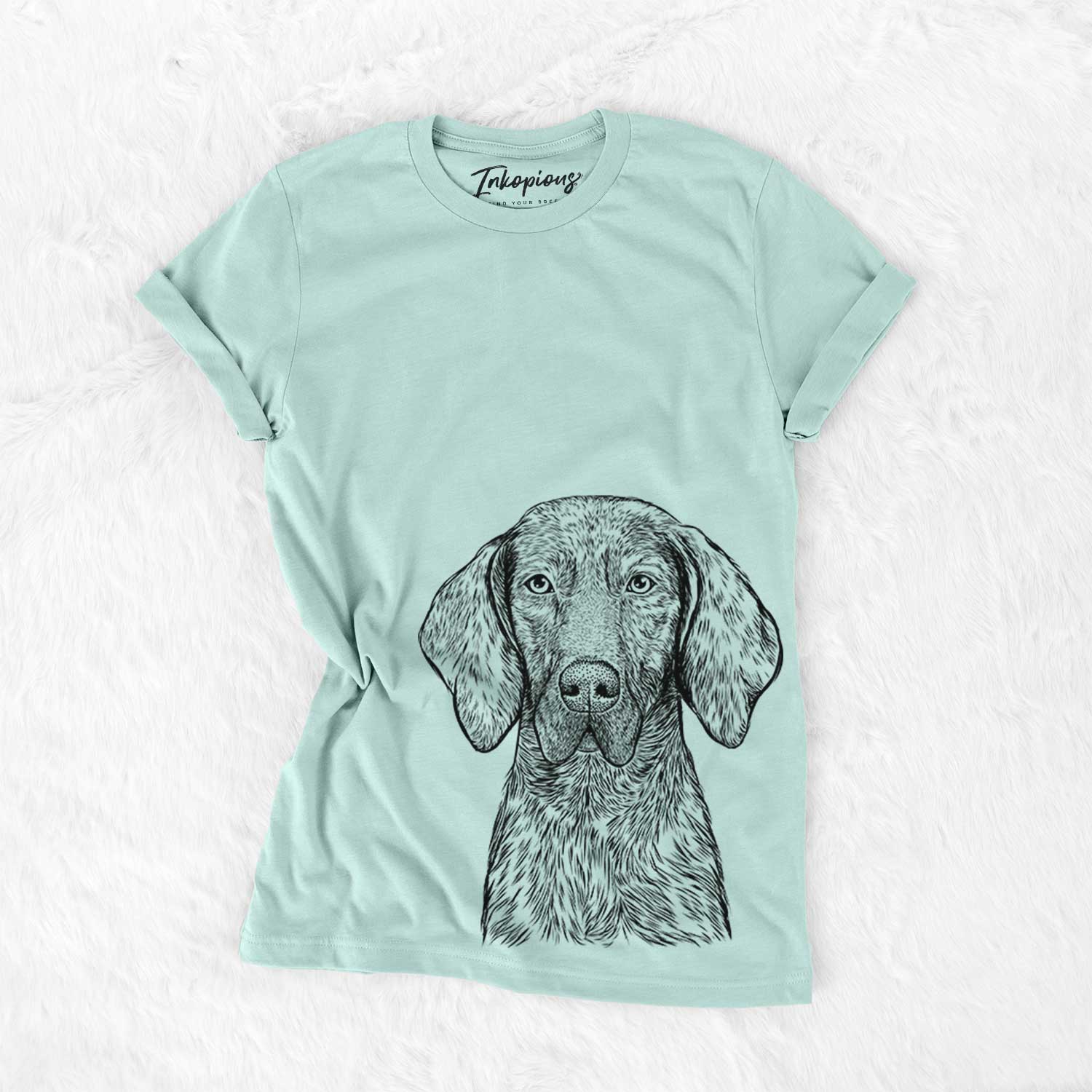 Hand-drawn sketch of Boone the Plott Hound on a Heather Sage Bella Canvas Unisex Crewneck