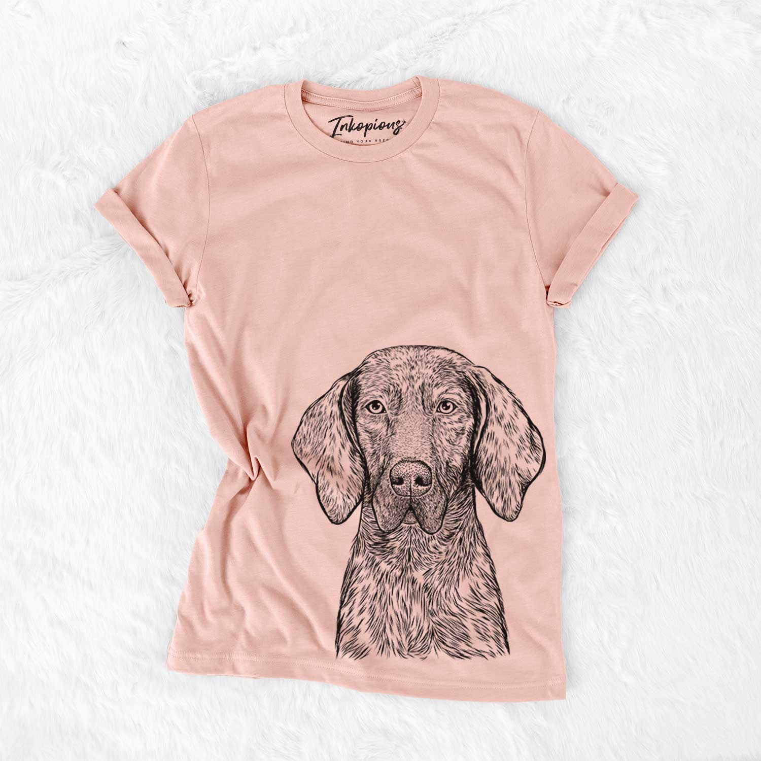 Hand-drawn sketch of Boone the Plott Hound on a Peach Bella Canvas Unisex Crewneck