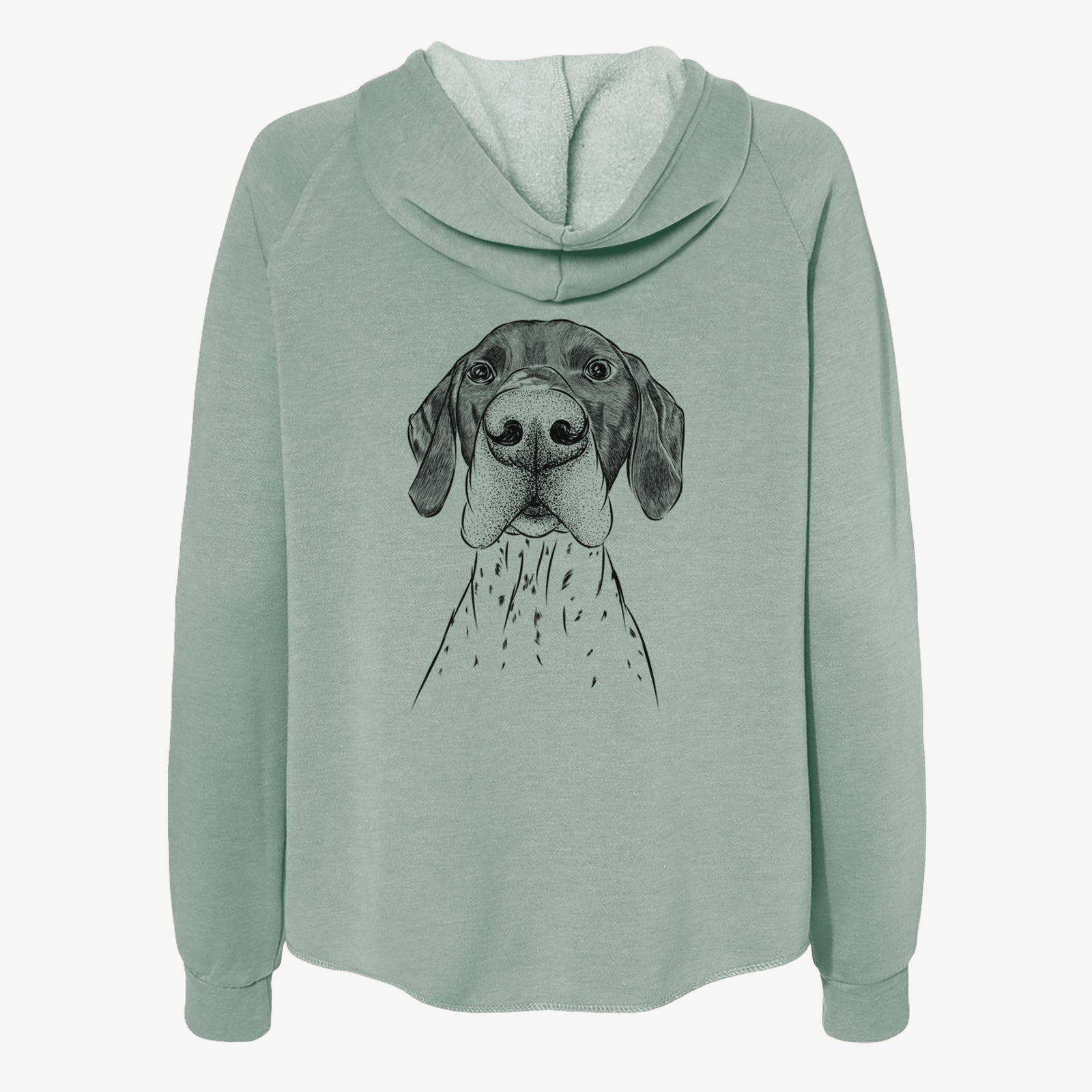 Hand-drawn sketch of Booze the German Shorthaired Pointer on a Sage Women's cali wave zip-up sweatshirt