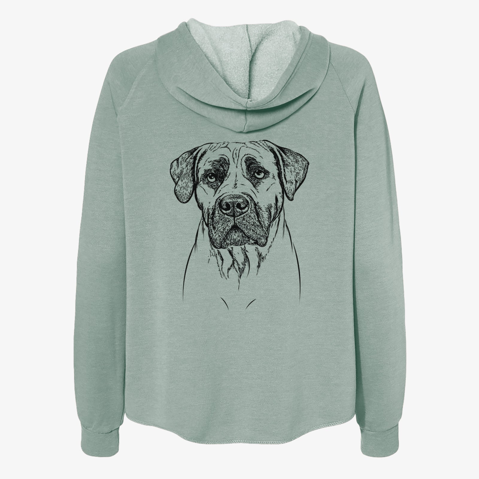 Hand-drawn sketch of Boris the Boerboel on a Sage Women's cali wave zip-up sweatshirt