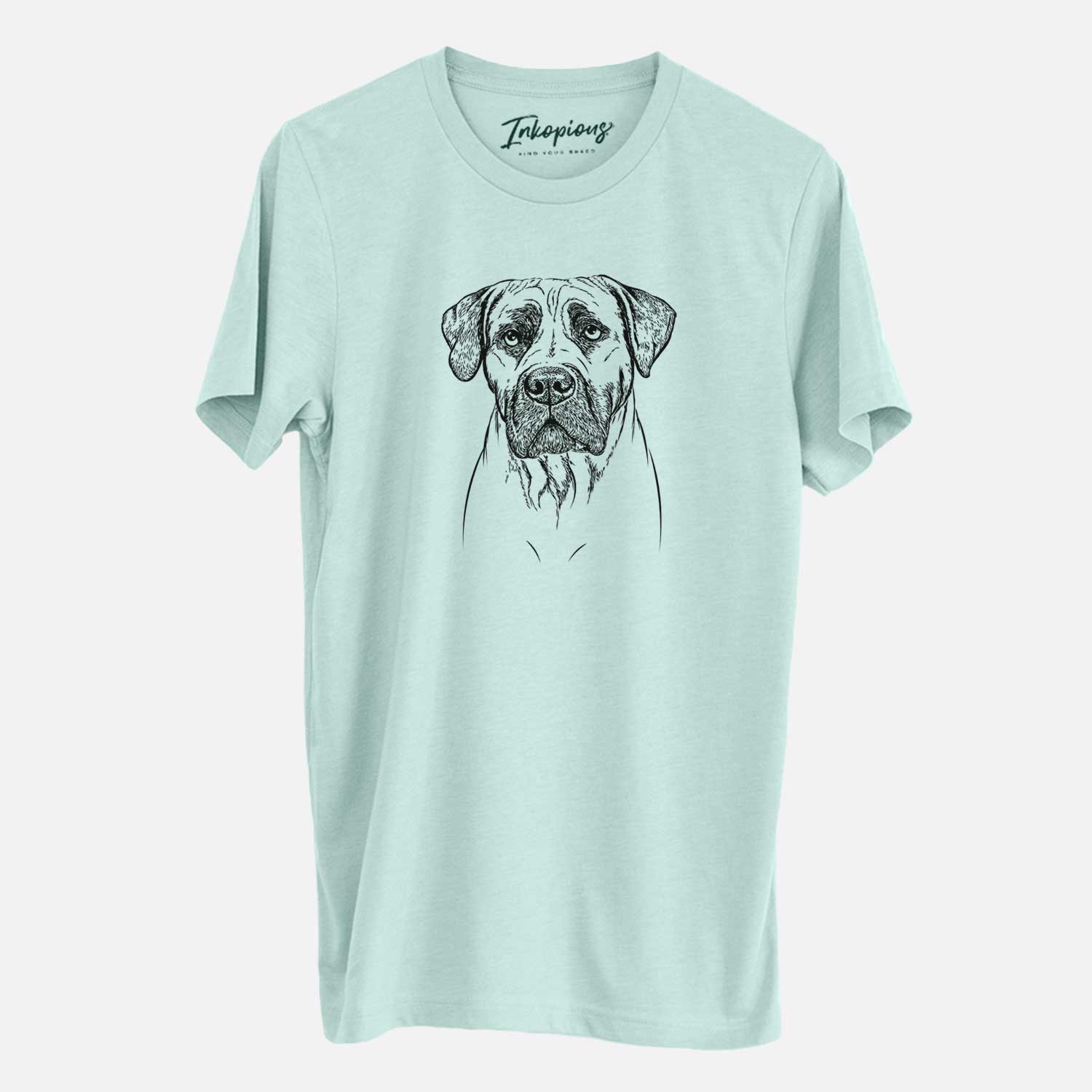 Hand-drawn sketch of Boris the Boerboel on a Heather Sage Unisex crewneck