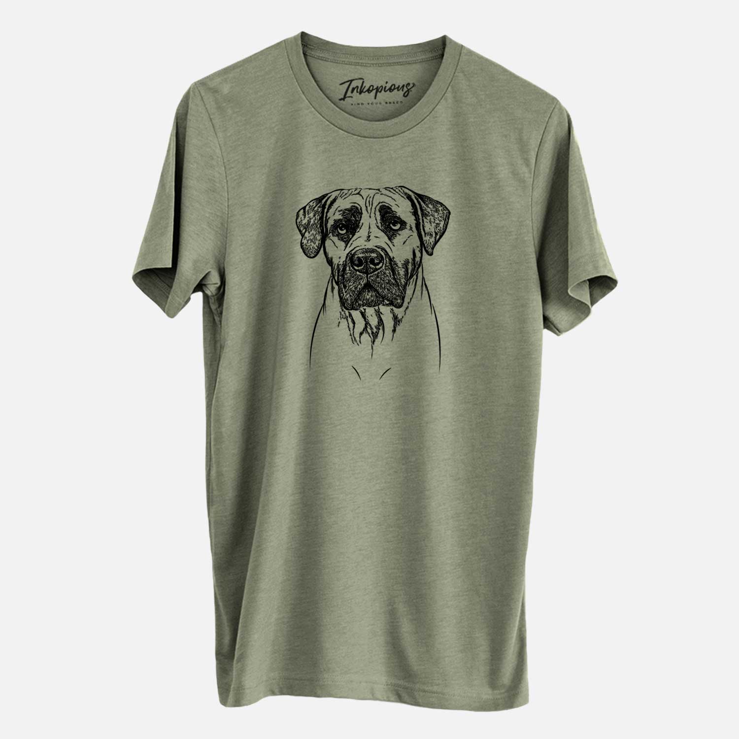 Hand-drawn sketch of Boris the Boerboel on an Olive Unisex crewneck