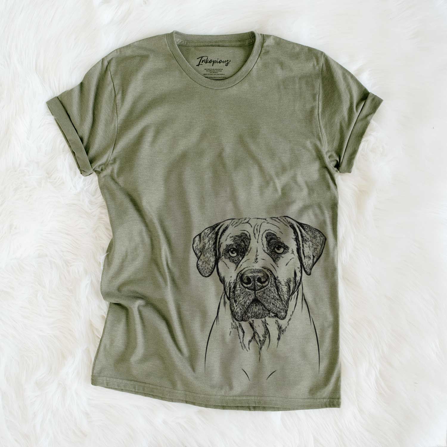Hand-drawn sketch of Boris the Boerboel on an Olive Unisex crewneck