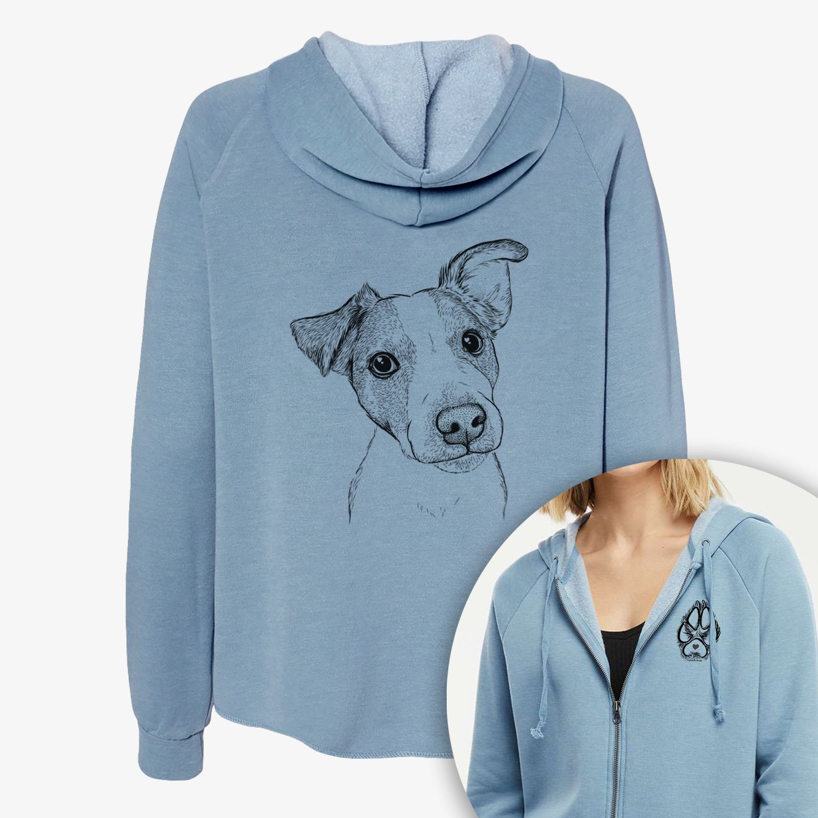 Hand-drawn sketch of Bosse the Jack Russell Terrier on a Women's cali wave zip-up sweatshirt, shown with icons of the other available costume styles