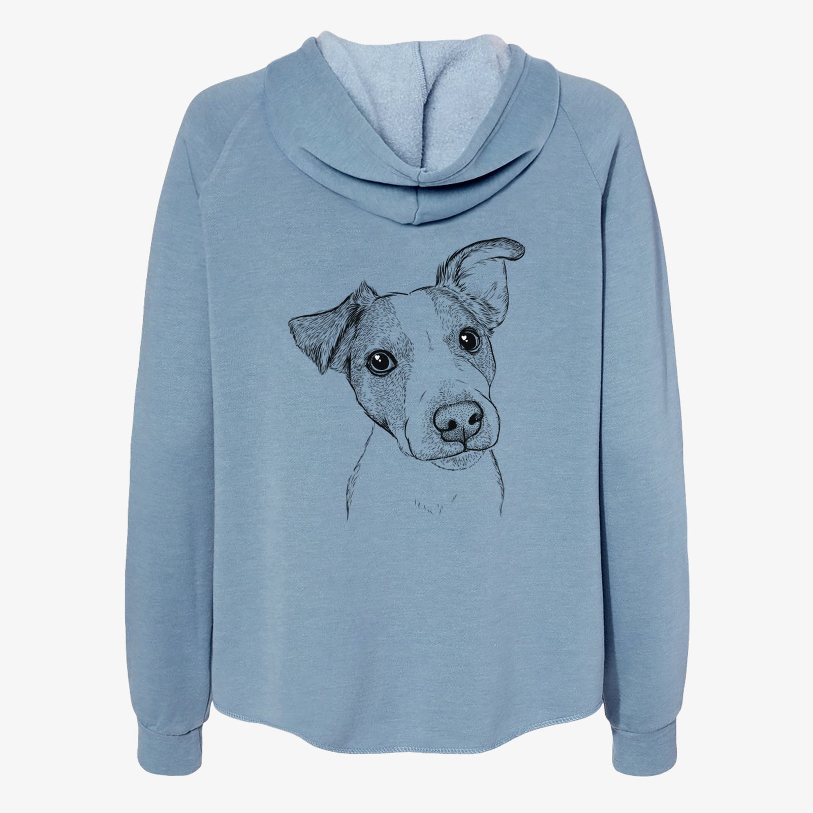 Hand-drawn sketch of Bosse the Jack Russell Terrier on a Misty Blue Women's cali wave zip-up sweatshirt