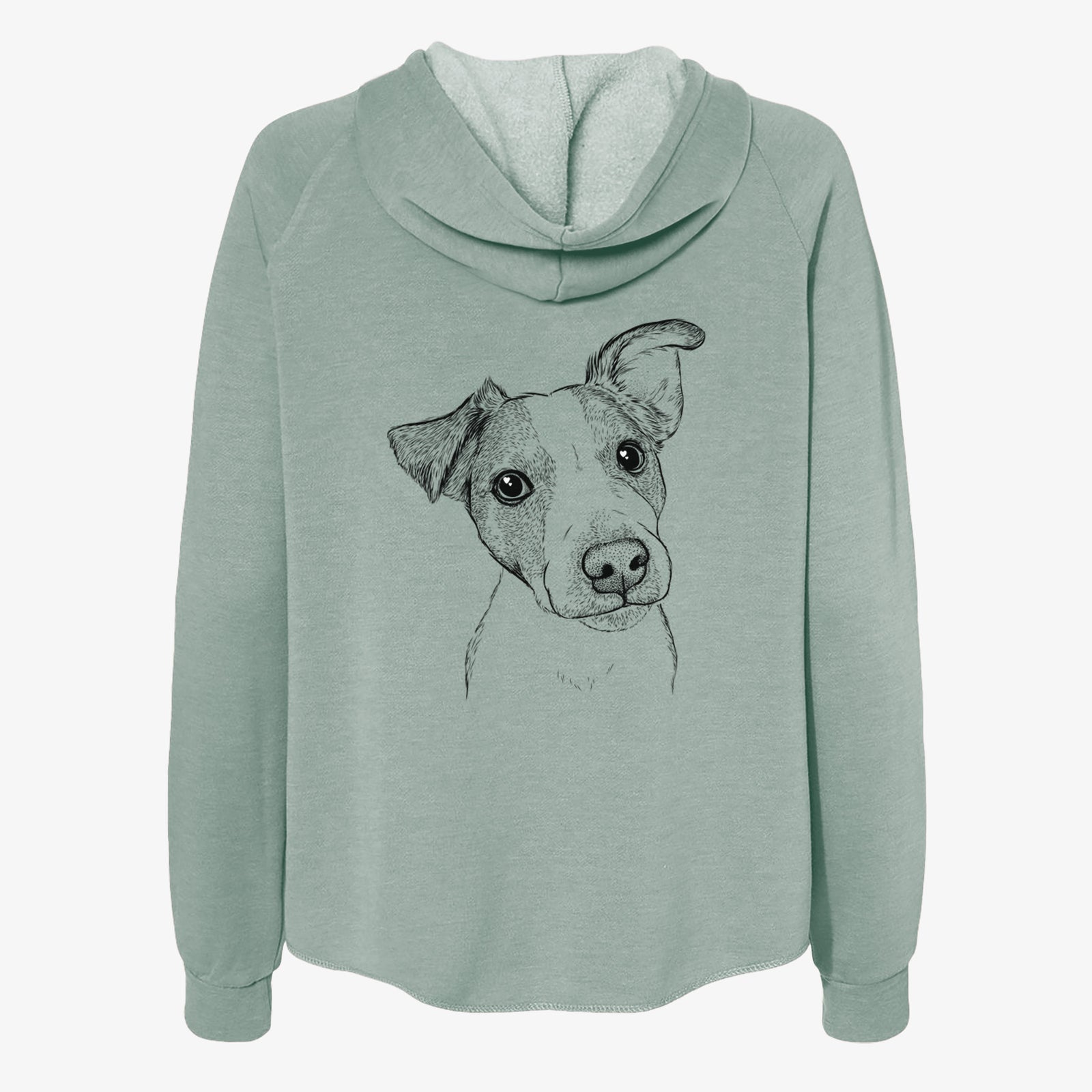 Hand-drawn sketch of Bosse the Jack Russell Terrier on a Sage Women's cali wave zip-up sweatshirt