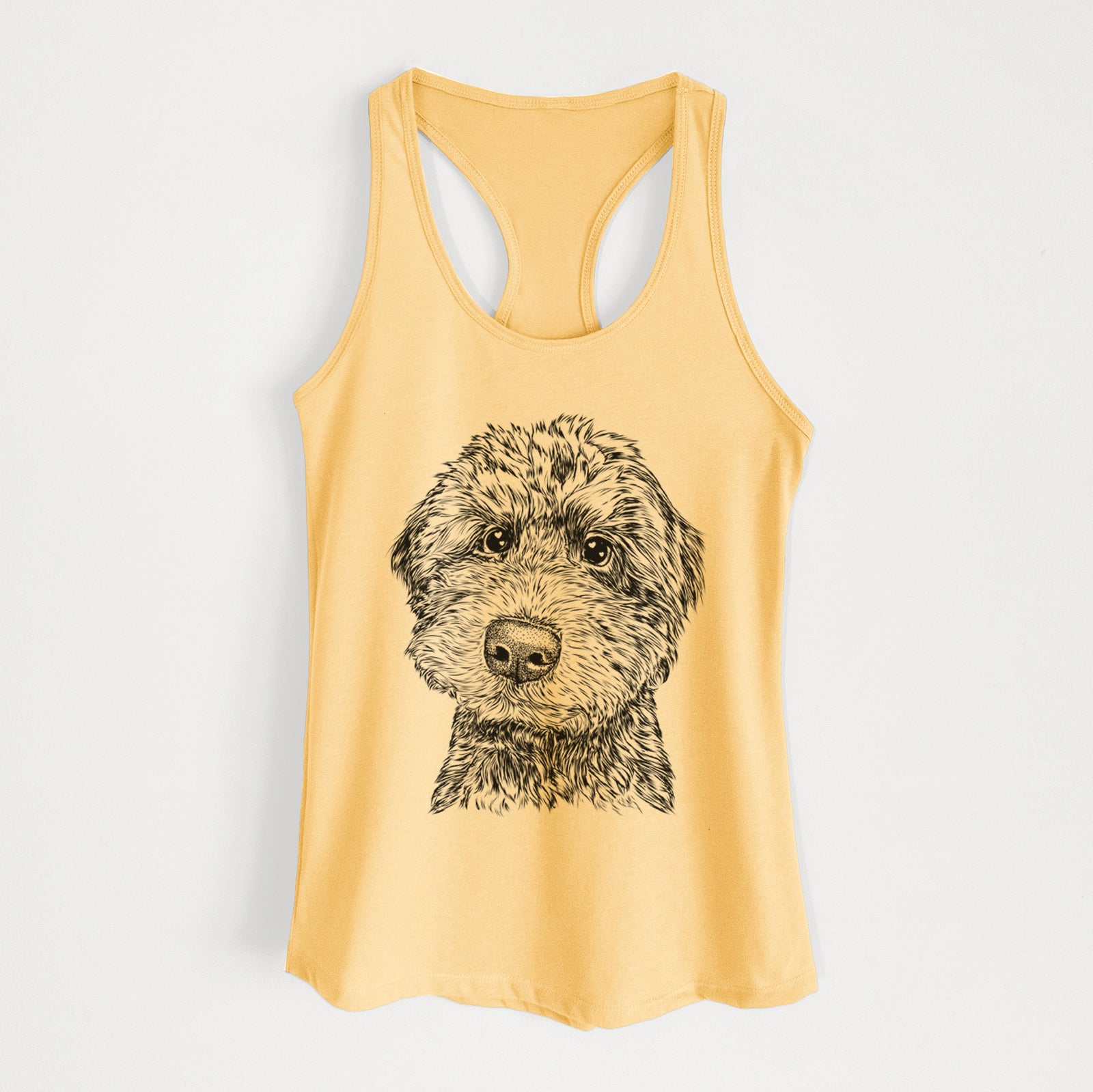 Hand-drawn sketch of Bowser the Whoodle on a Banana Cream Women's racerback tanktop