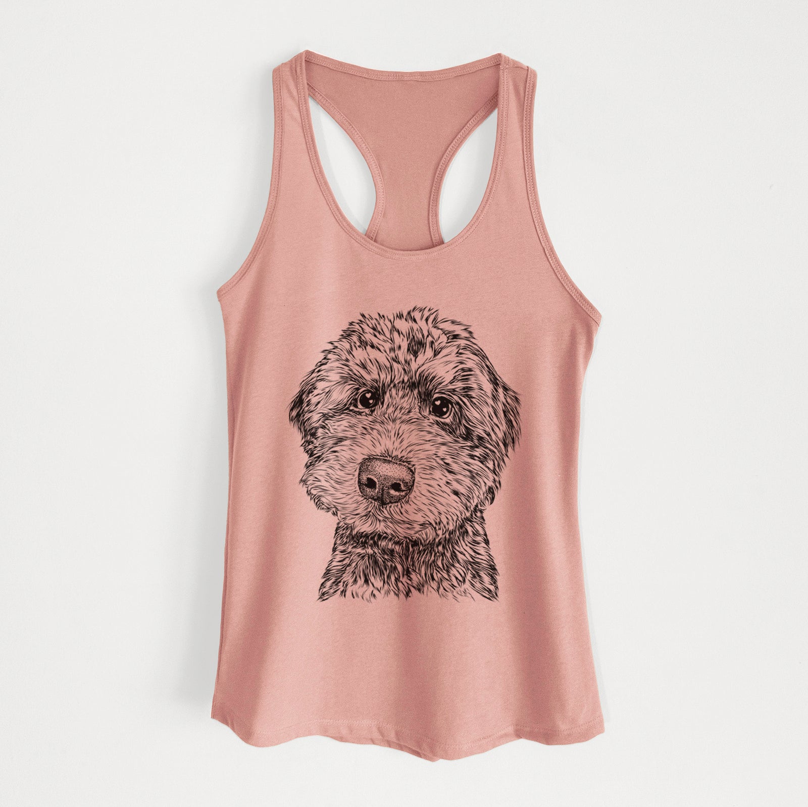 Hand-drawn sketch of Bowser the Whoodle on a Desert Pink Women's racerback tanktop