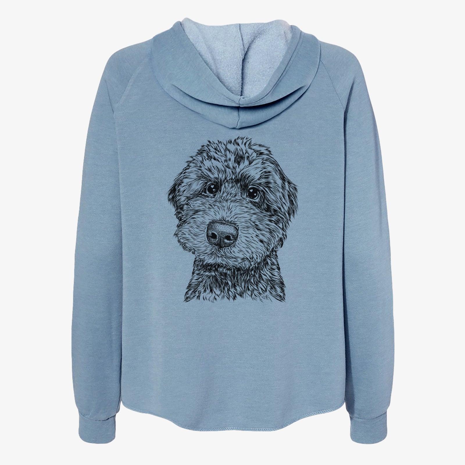 Hand-drawn sketch of Bowser the Whoodle on a Misty Blue Women's cali wave zip-up sweatshirt