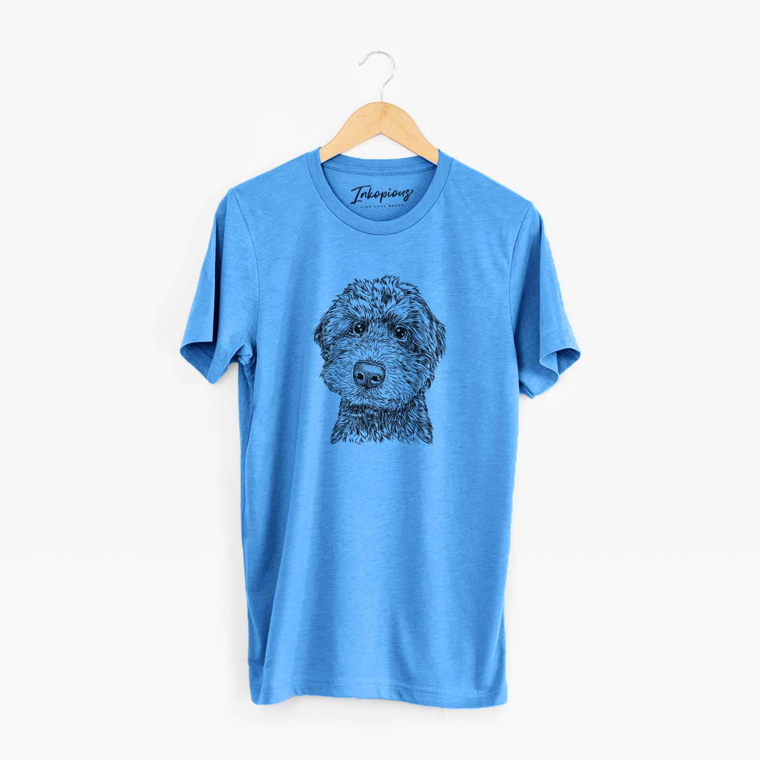 Hand-drawn sketch of Bowser the Whoodle on a Blue Unisex crewneck