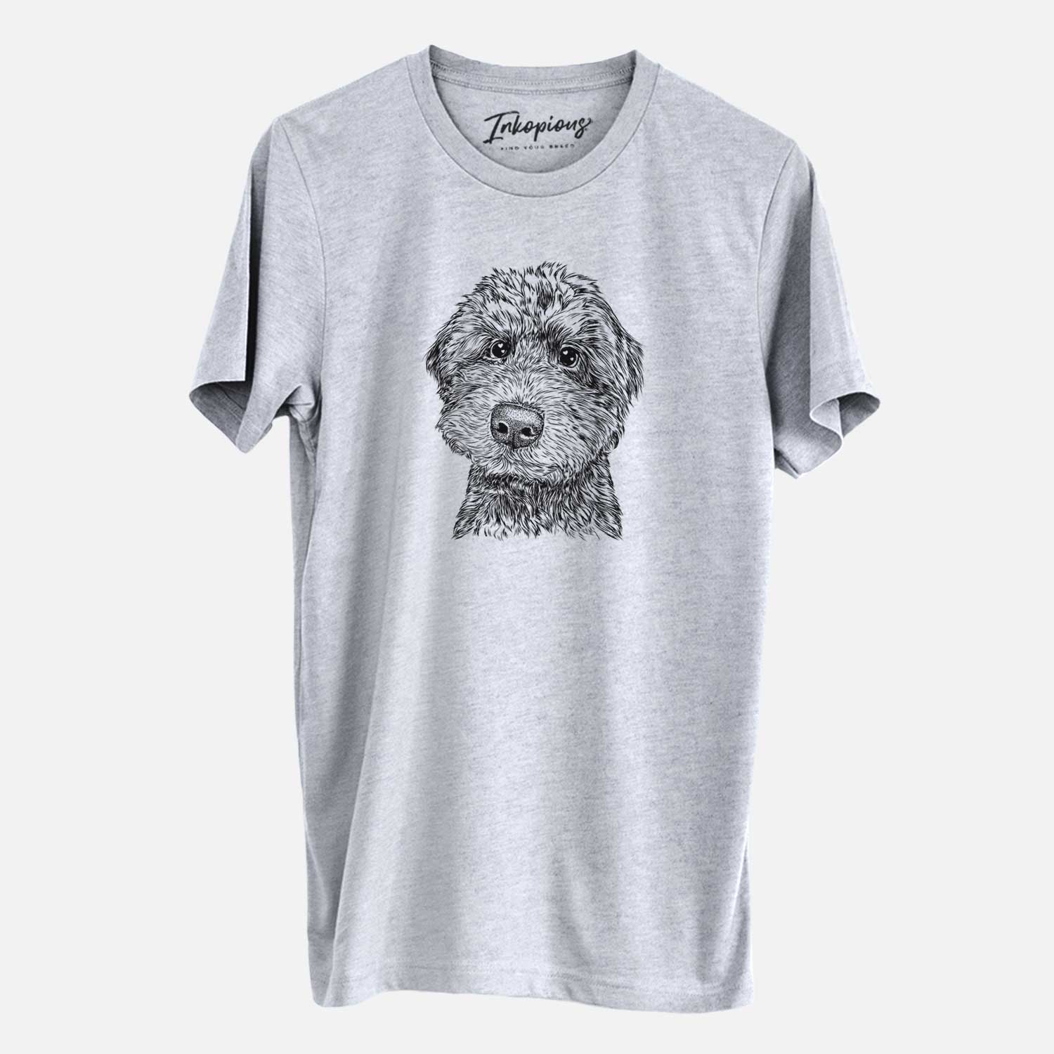 Hand-drawn sketch of Bowser the Whoodle on a Grey Unisex crewneck