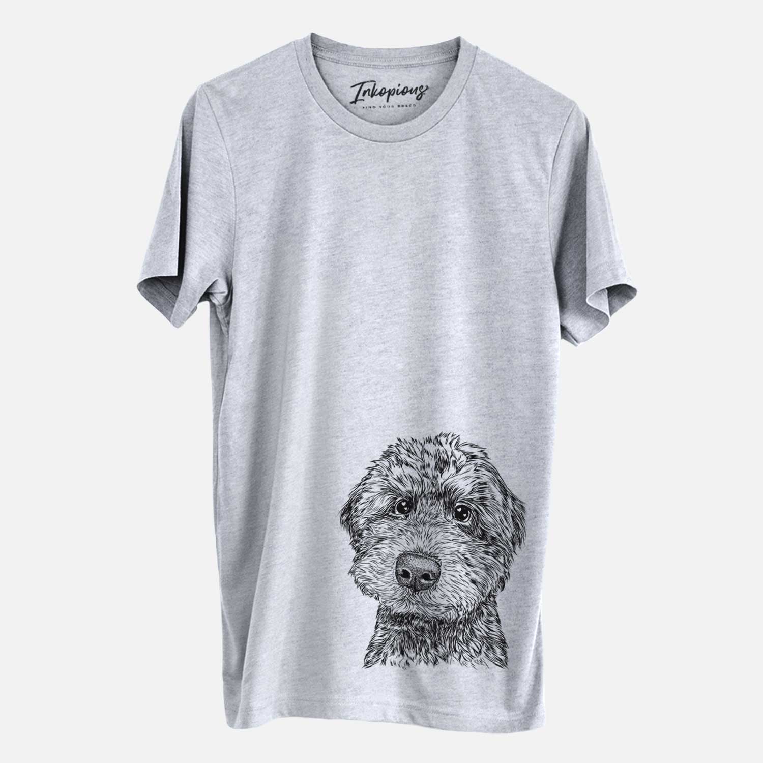 Hand-drawn sketch of Bowser the Whoodle on a Grey Unisex crewneck