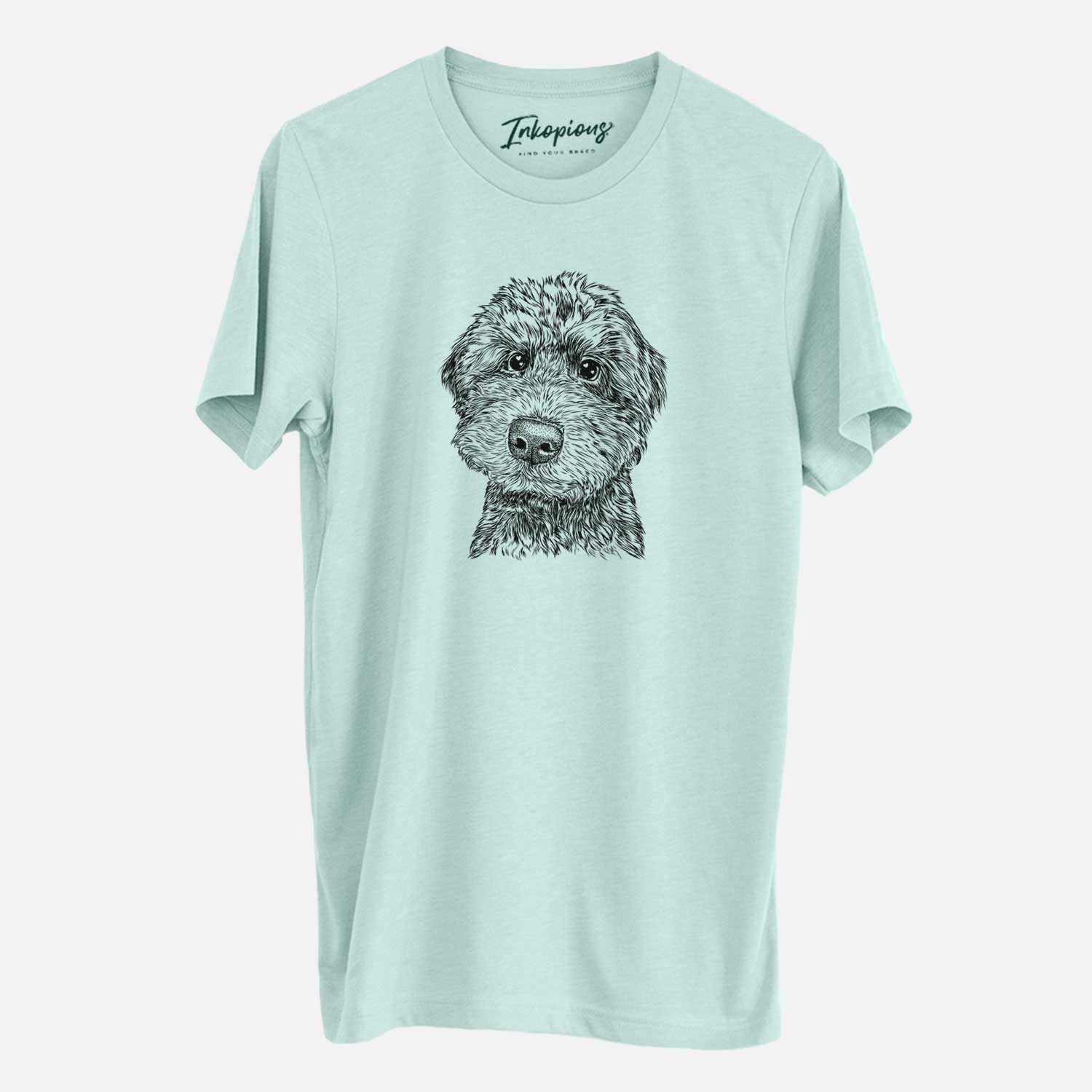 Hand-drawn sketch of Bowser the Whoodle on a Heather Sage Unisex crewneck