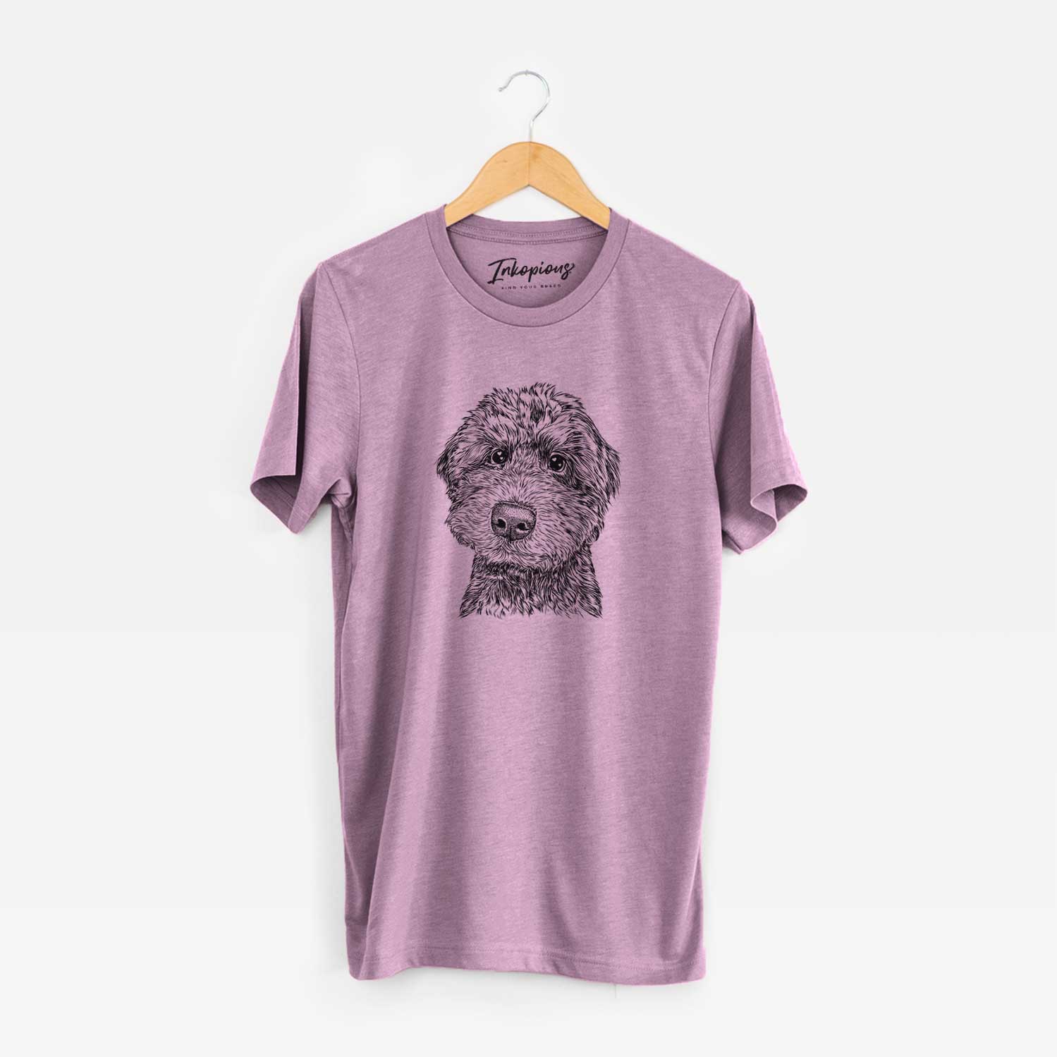 Hand-drawn sketch of Bowser the Whoodle on an Orchid Unisex crewneck